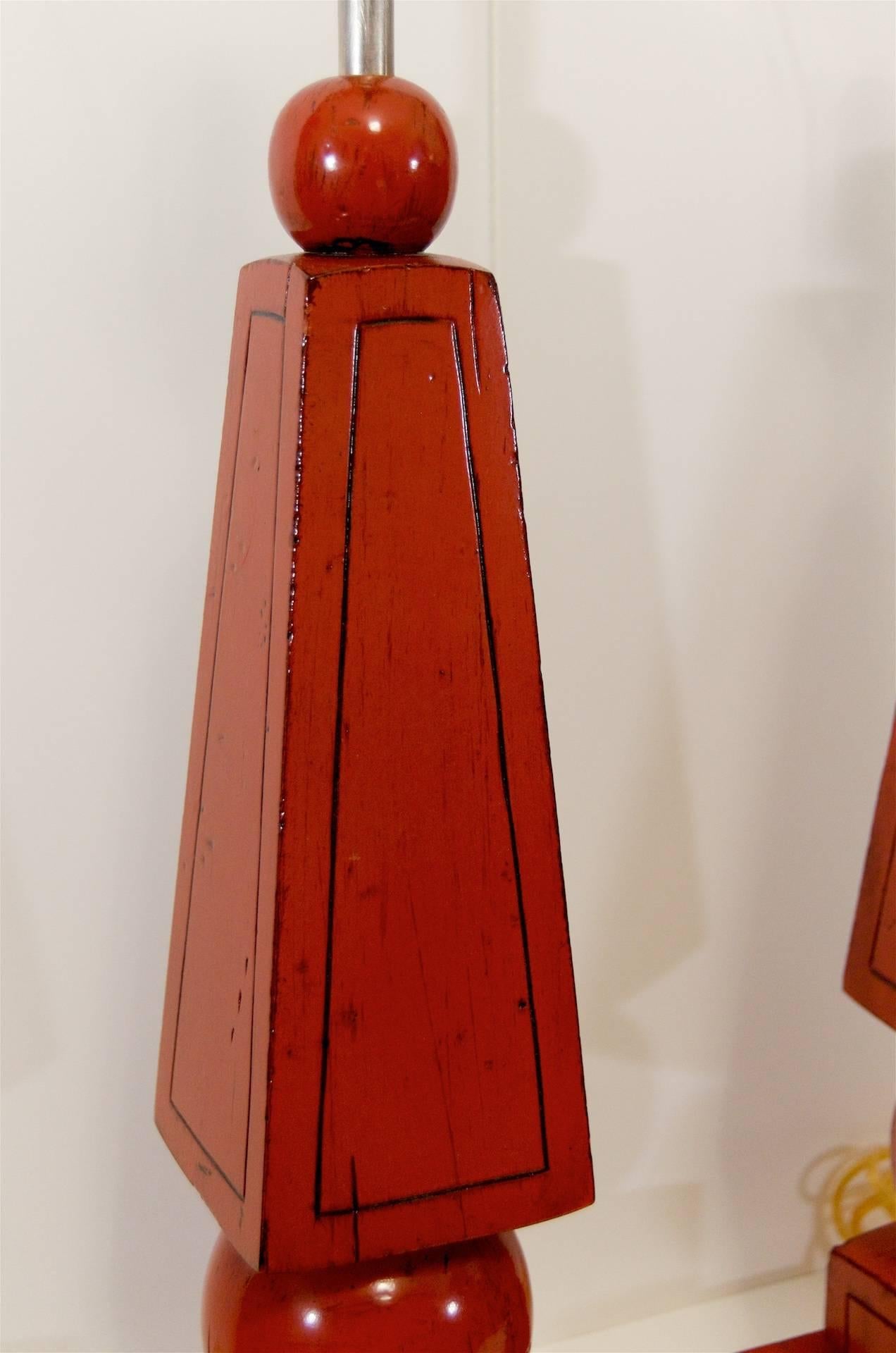 Lacquered Pair of Red Lacquer Obelisk Form Table Lamps For Sale