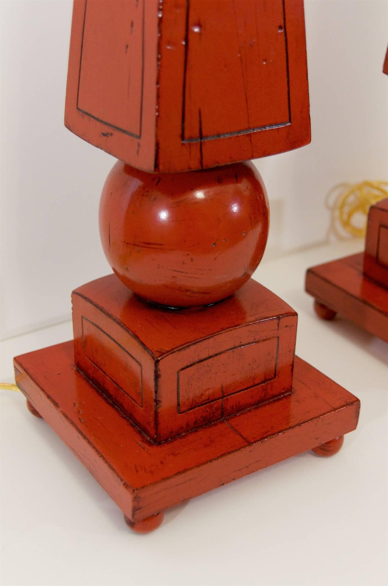 Pair of Red Lacquer Obelisk Form Table Lamps In Excellent Condition For Sale In Stamford, CT