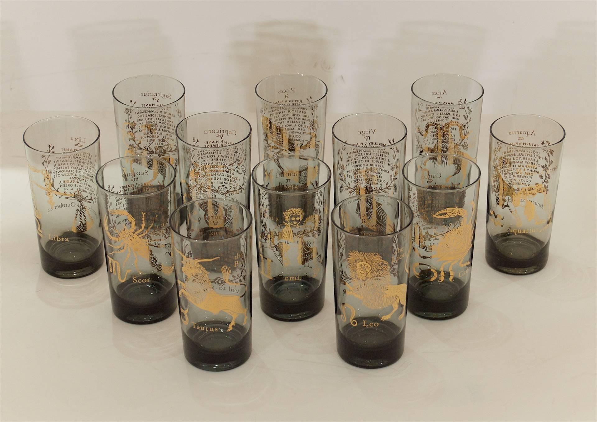 Complete, rare set of smoke-tone glasses by Federal Glass with the twelve signs of the Zodiac illustrated in gold. No flaws.