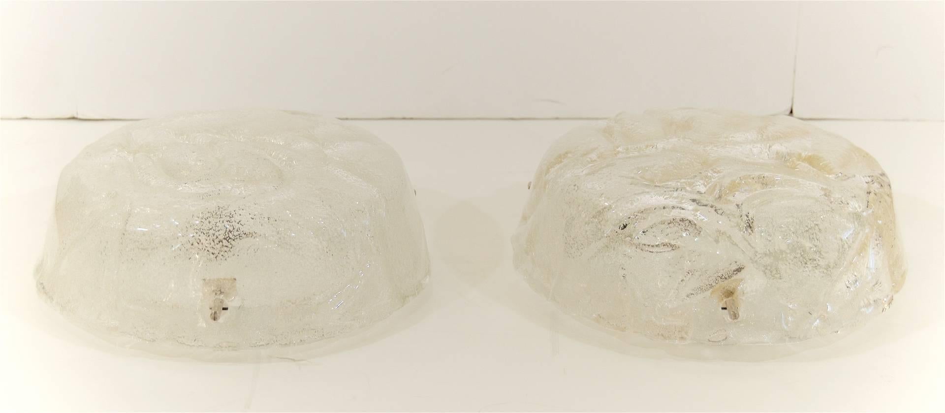 Mid-Century Modern Pair of Swirl Patterned Ice Glass Flushmounts by RZB Leuchten
