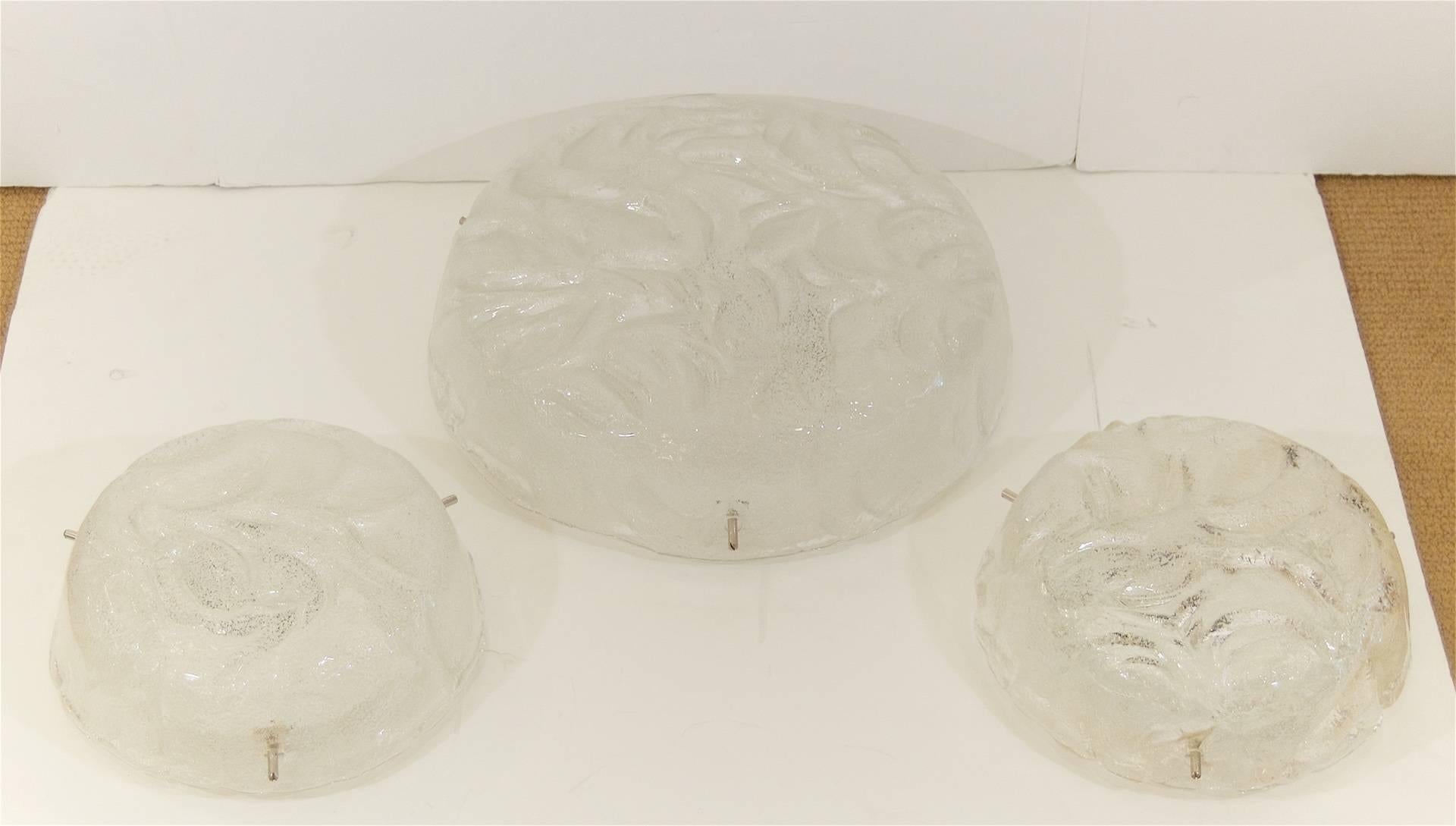 Pair of Swirl Patterned Ice Glass Flushmounts by RZB Leuchten In Excellent Condition In Stamford, CT