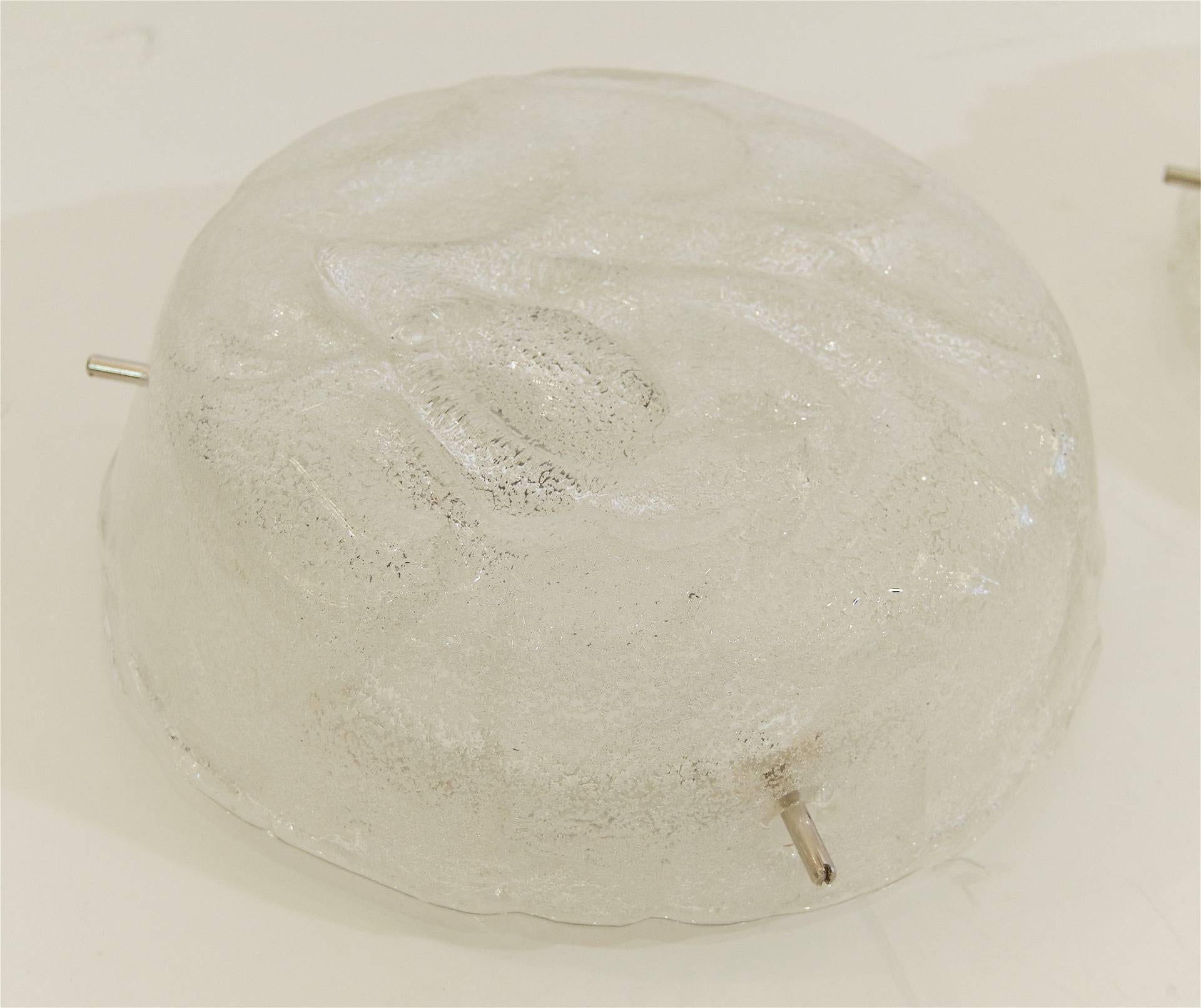 German Pair of Swirl Patterned Ice Glass Flushmounts by RZB Leuchten