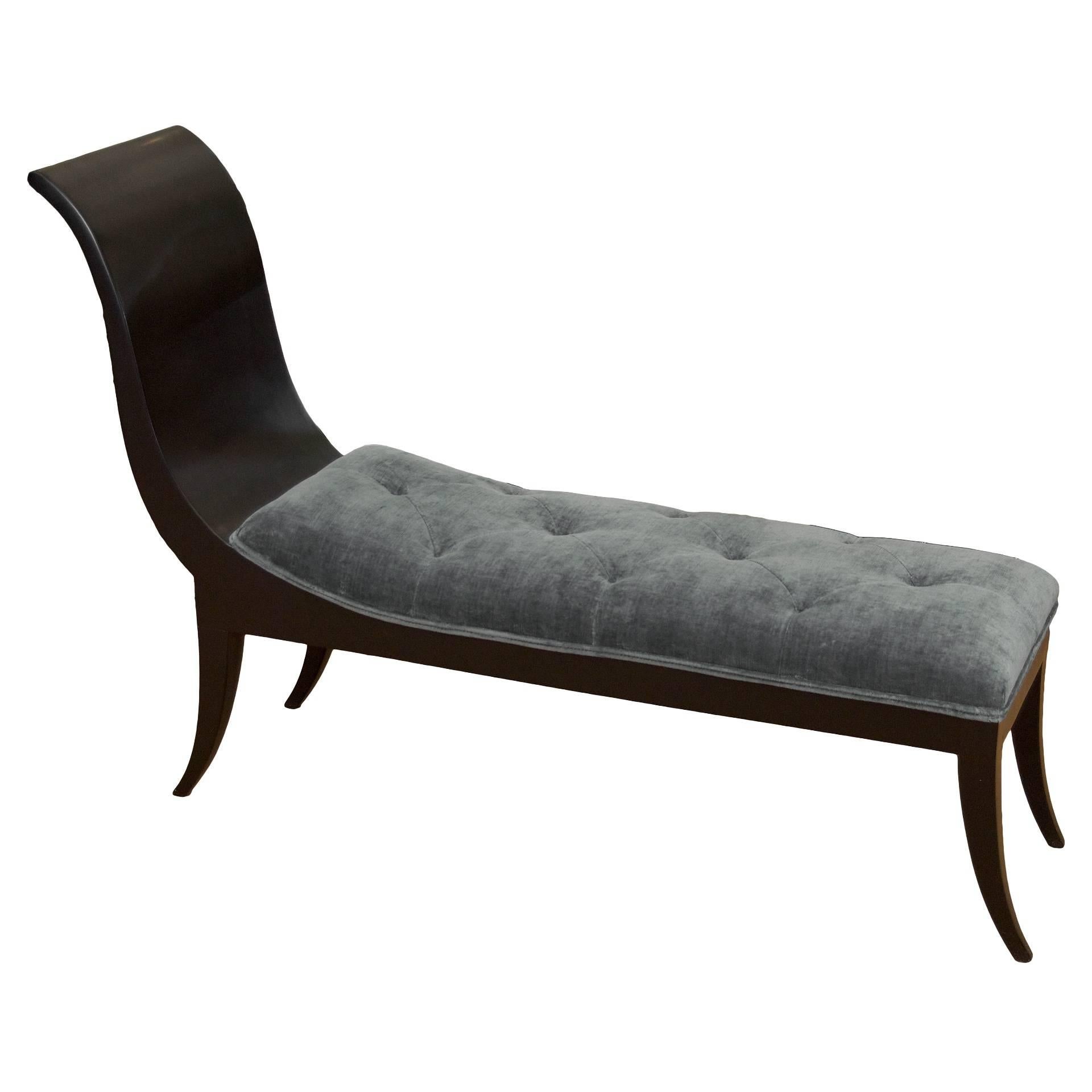 Sabre Leg Art Deco Chaise in Black Lacquer and Blue Velvet For Sale