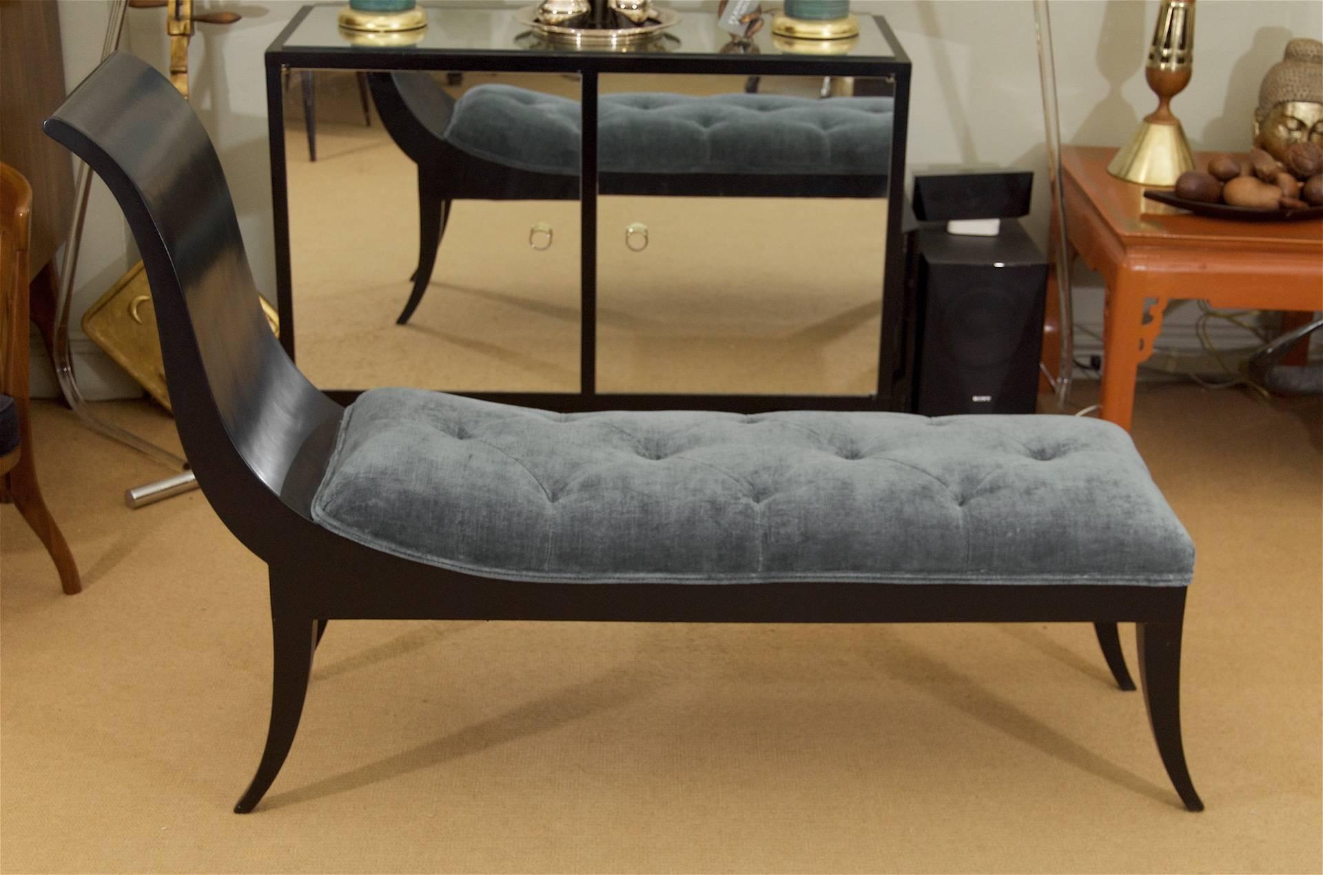 Lacquered Sabre Leg Art Deco Chaise in Black Lacquer and Blue Velvet For Sale