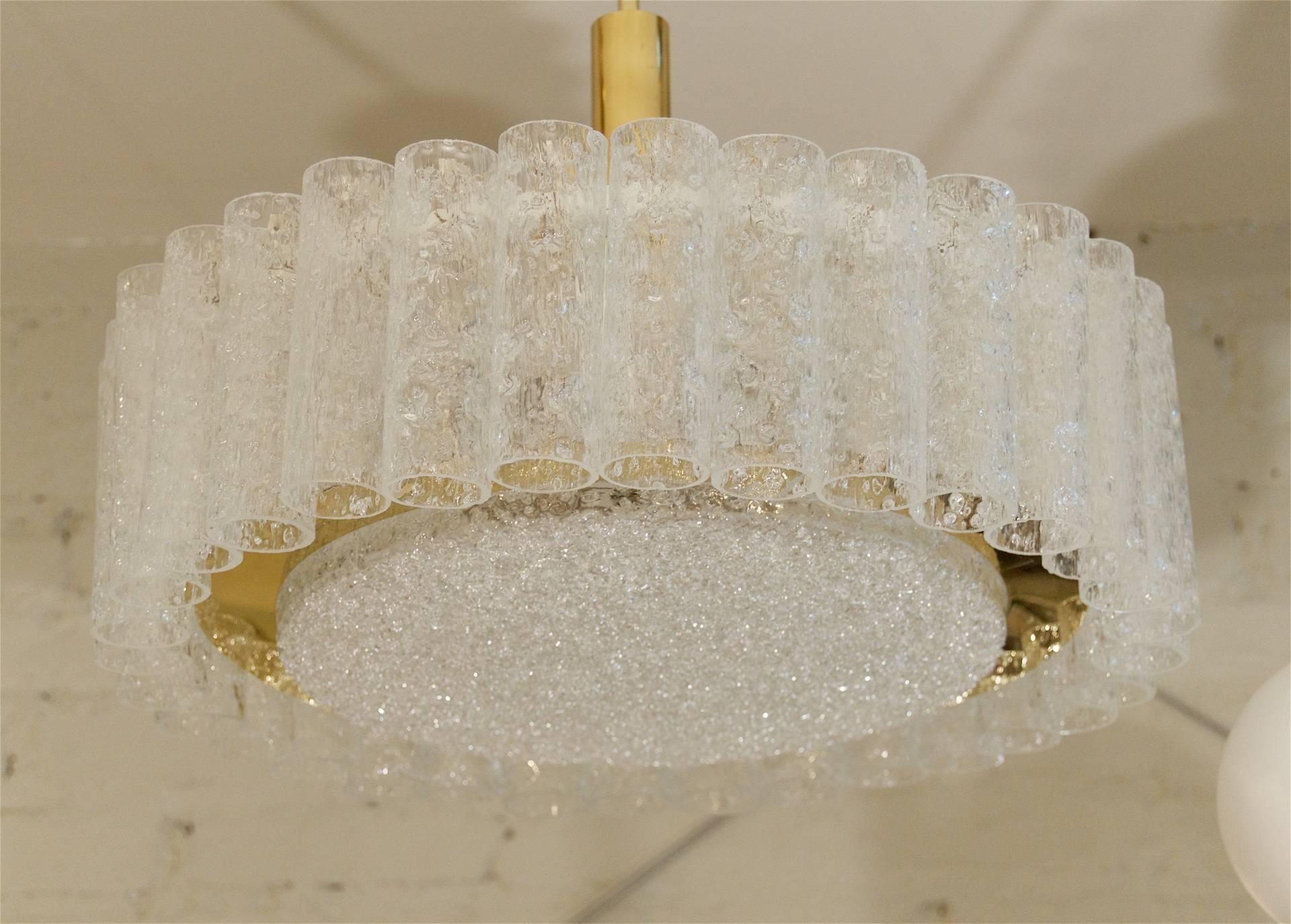 Mid-20th Century Doria Glass Tube Chandelier with Brass Surround (Two Available)