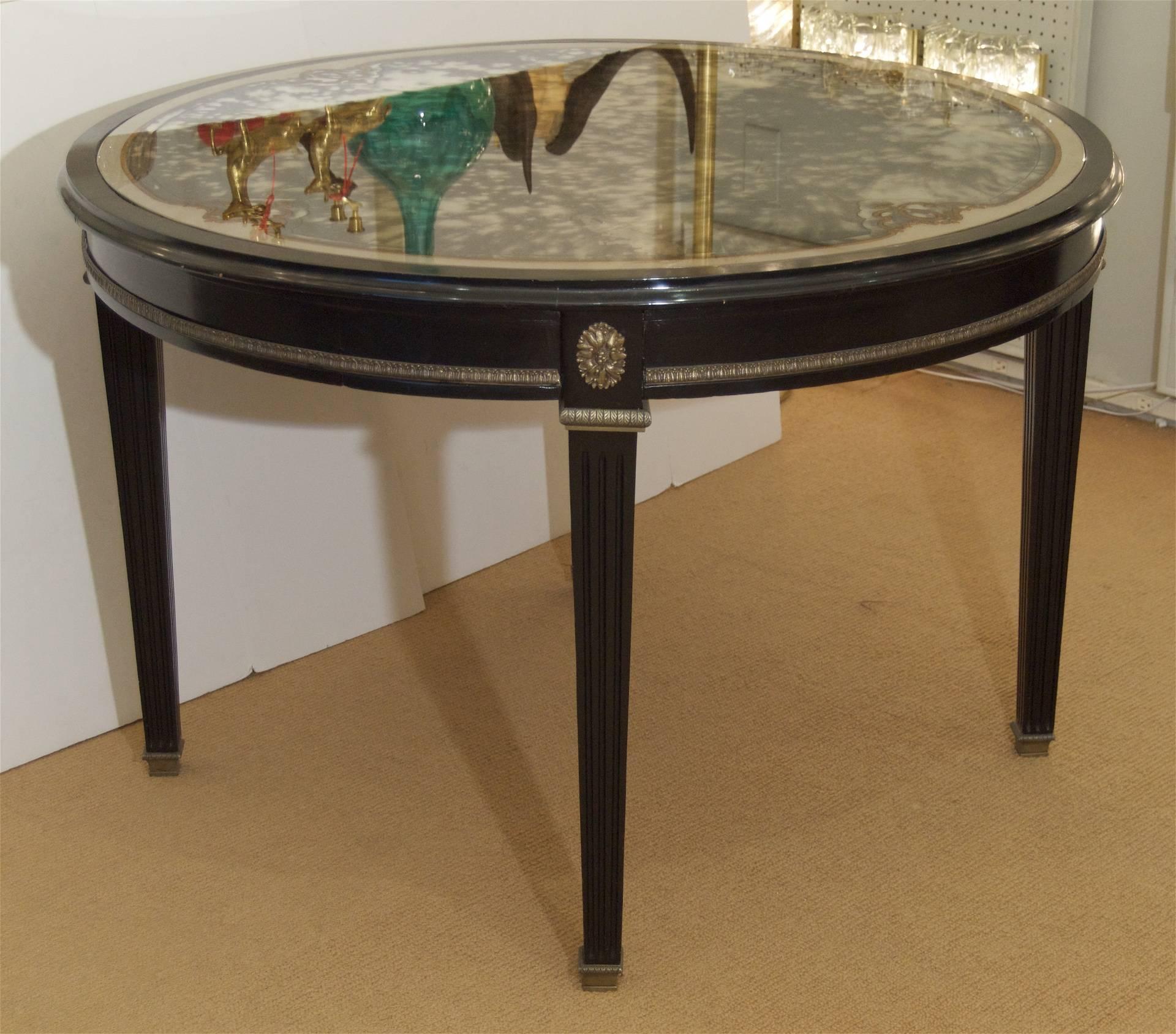 Jansen (Stamped) Black Lacquer Center/Dining Table with Eglomisé Glass Top For Sale 1