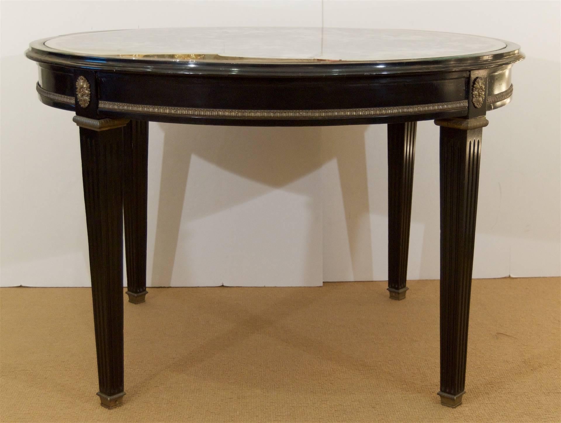 Mid-20th Century Jansen (Stamped) Black Lacquer Center/Dining Table with Eglomisé Glass Top For Sale