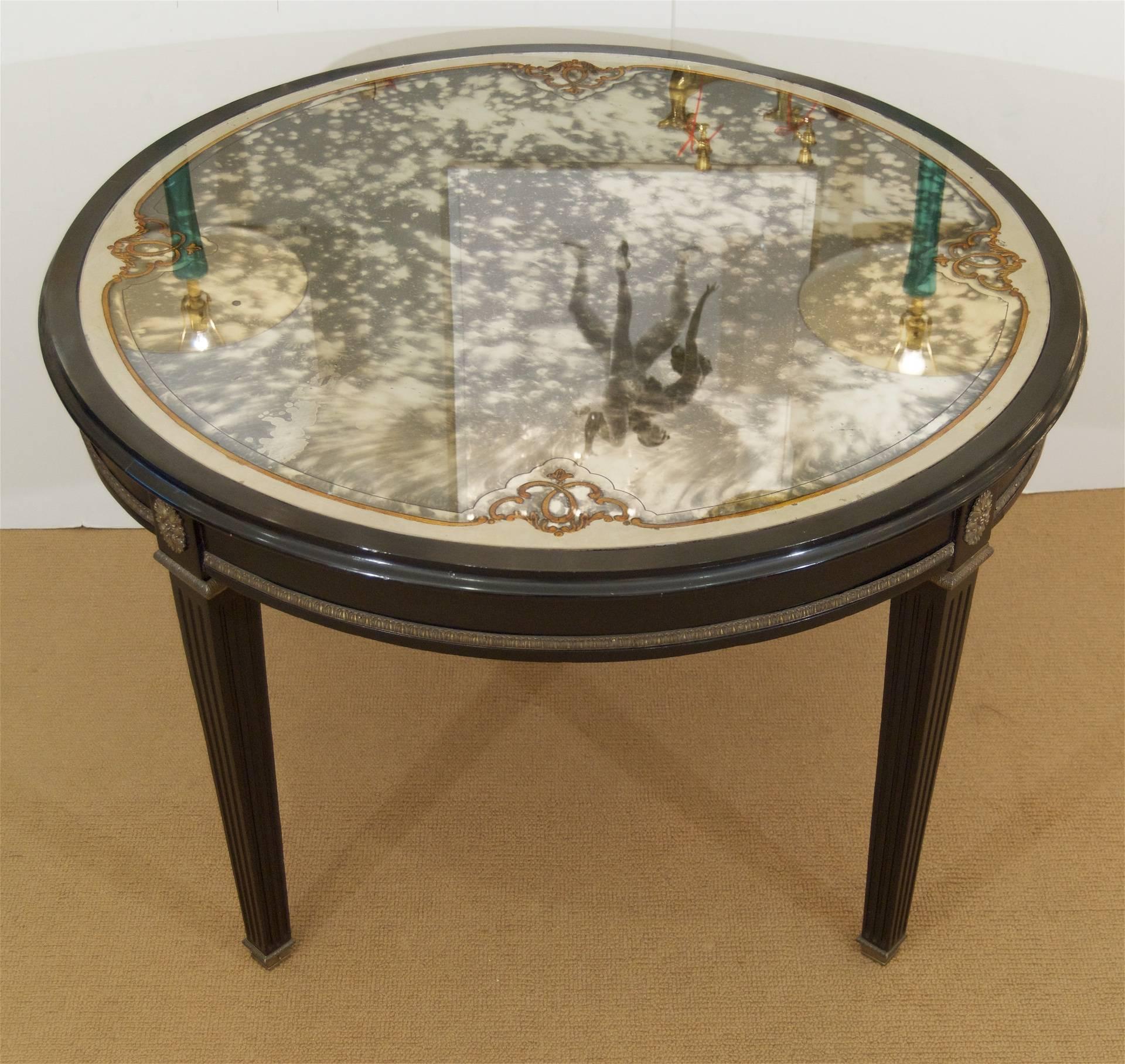 Jansen (Stamped) Black Lacquer Center/Dining Table with Eglomisé Glass Top In Excellent Condition For Sale In Stamford, CT