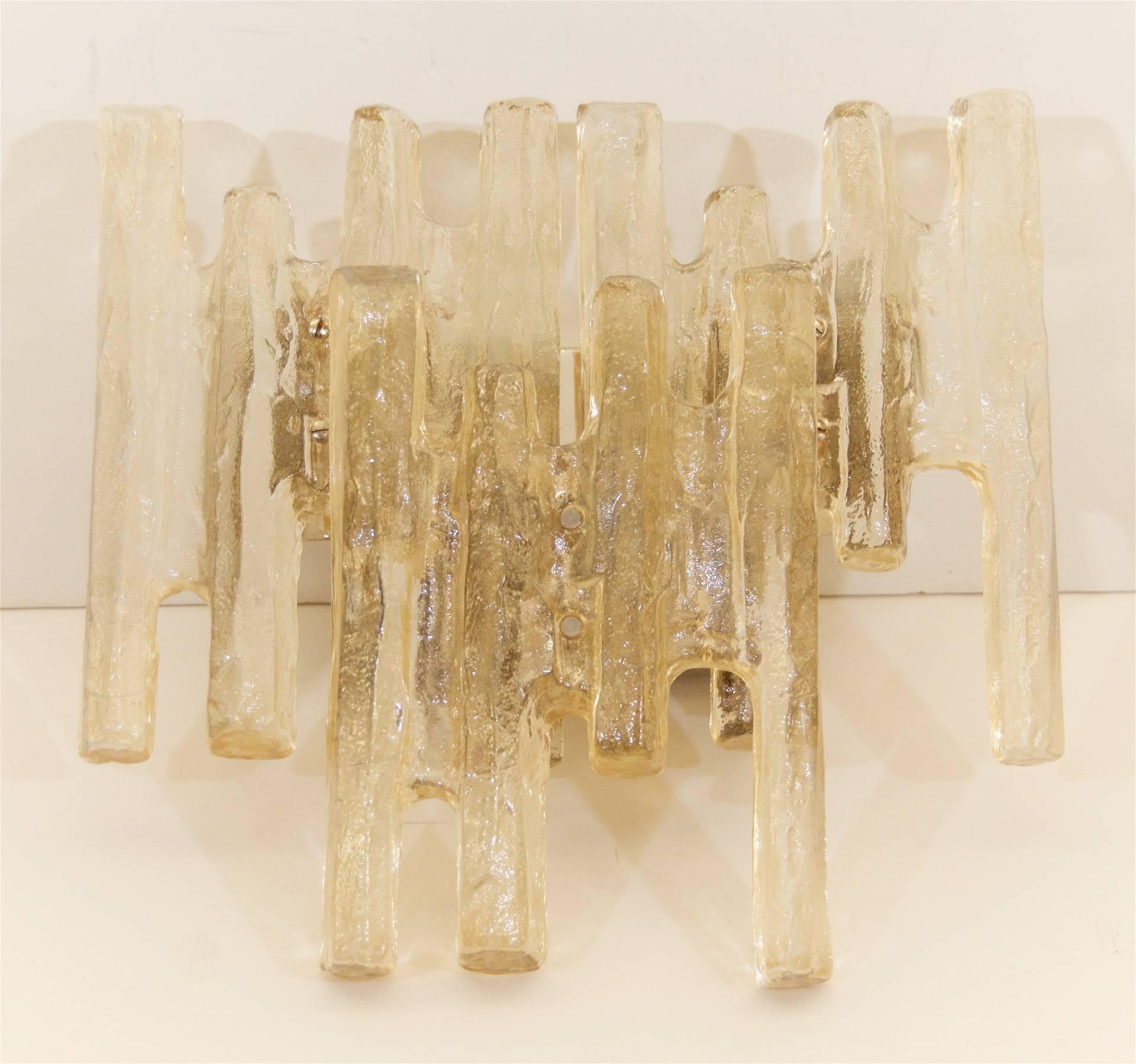 Mid-Century Modern Grand Scale Kalmar Amber Tone Ice Glass Vanity Sconce