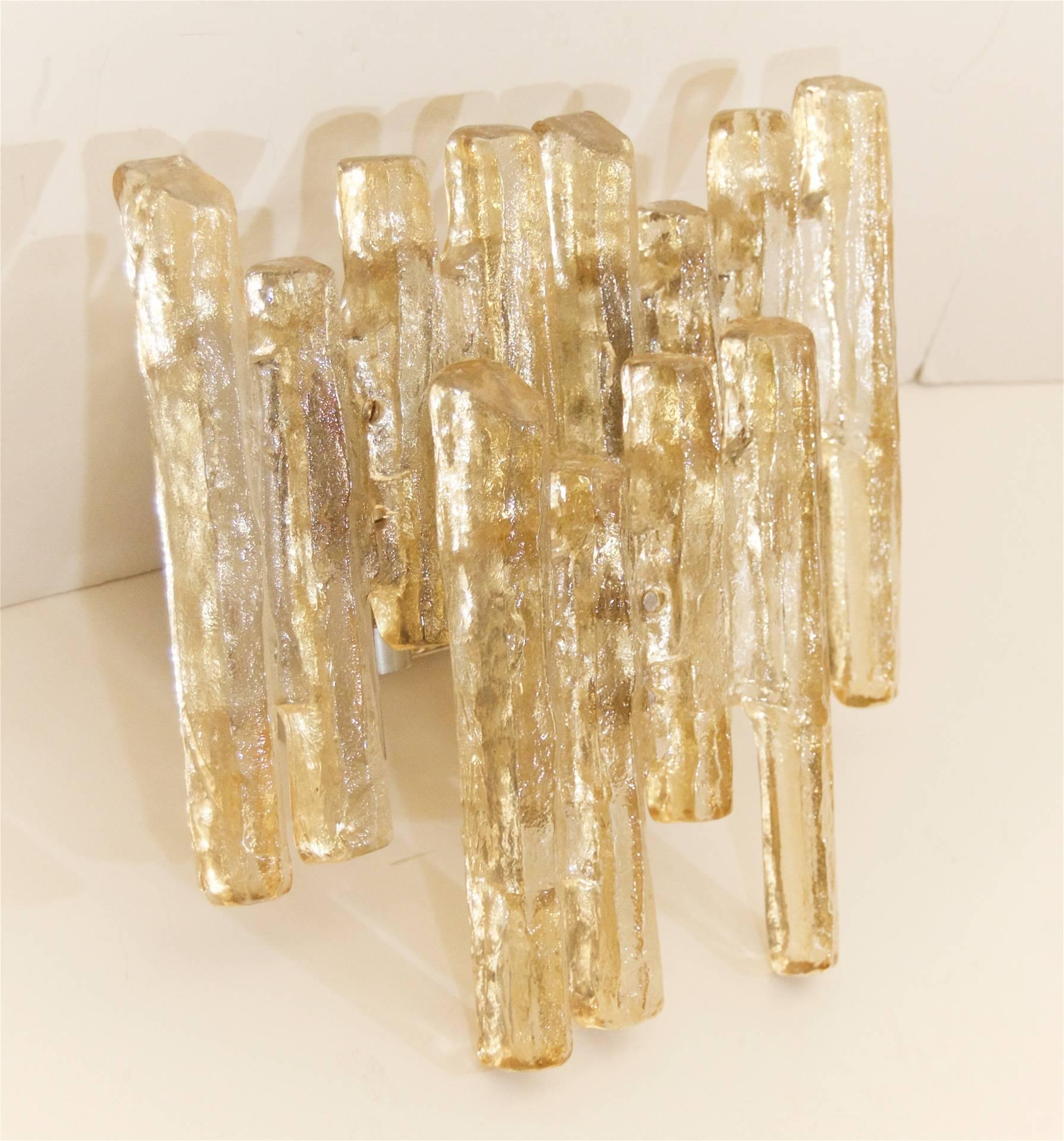 Grand Scale Kalmar Amber Tone Ice Glass Vanity Sconce In Excellent Condition In Stamford, CT