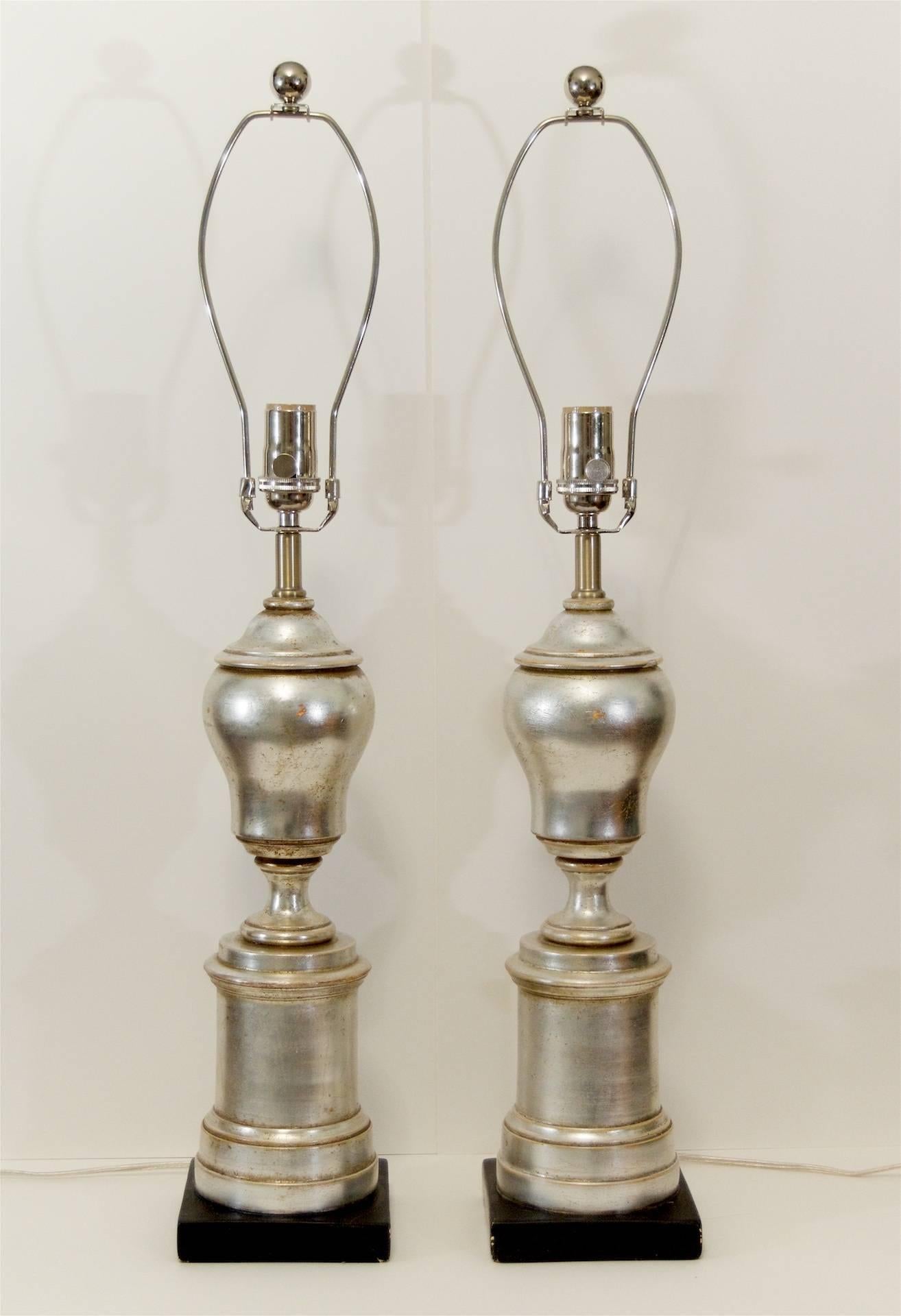 American Excellent Pair of Silver Leafed Baluster Form Lamps For Sale