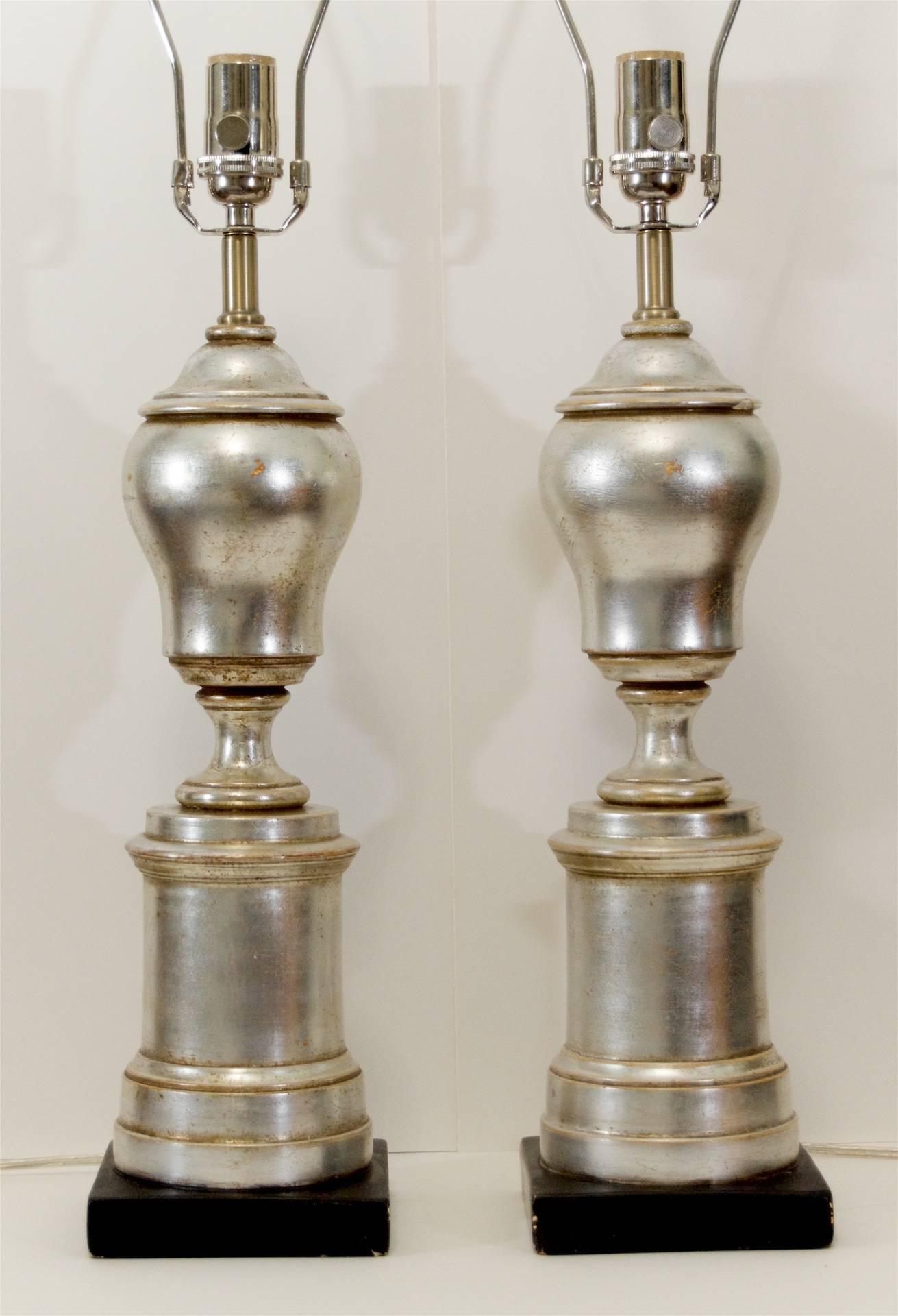 Mid-Century Modern Excellent Pair of Silver Leafed Baluster Form Lamps For Sale