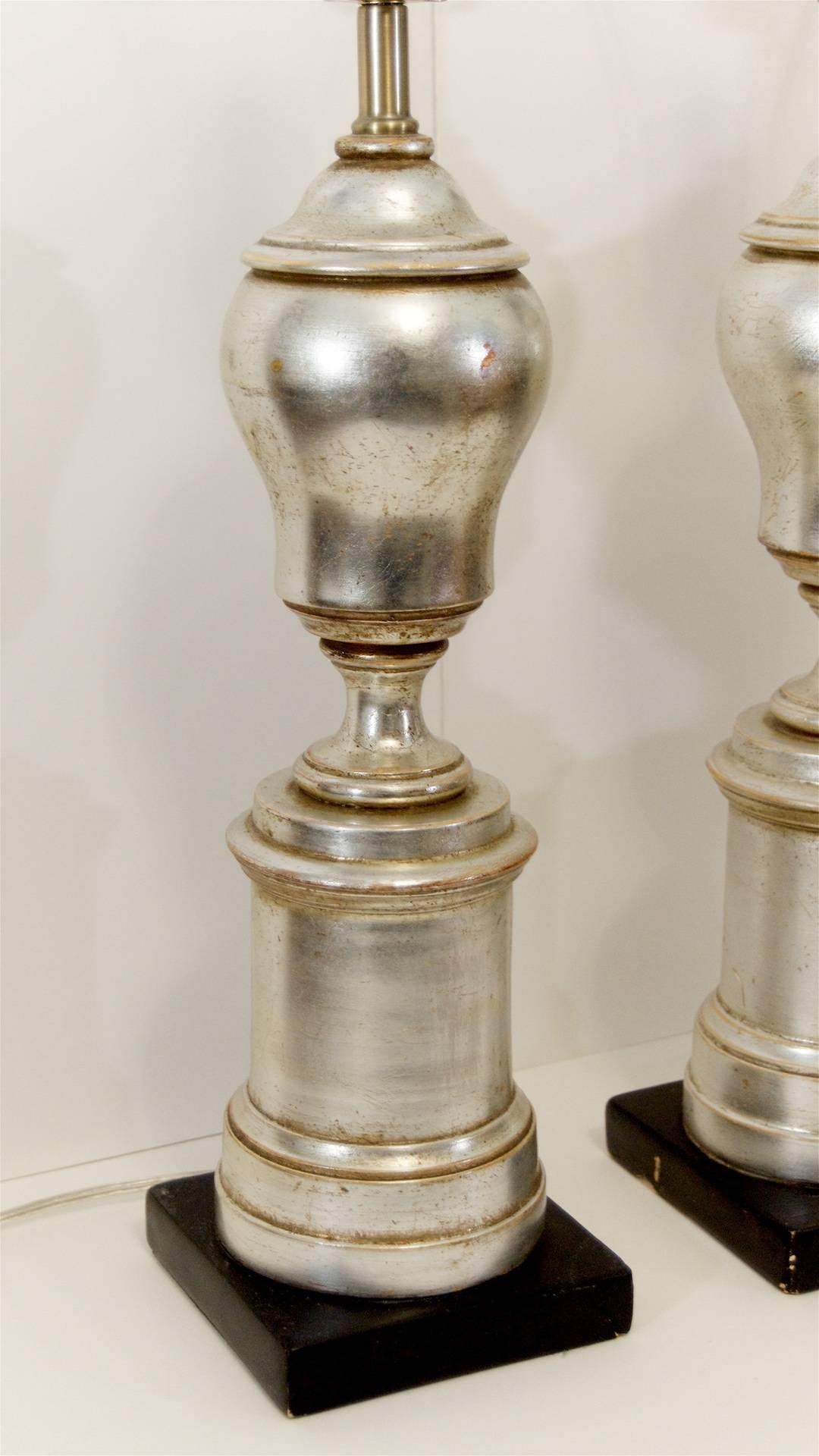 Gilt Excellent Pair of Silver Leafed Baluster Form Lamps For Sale