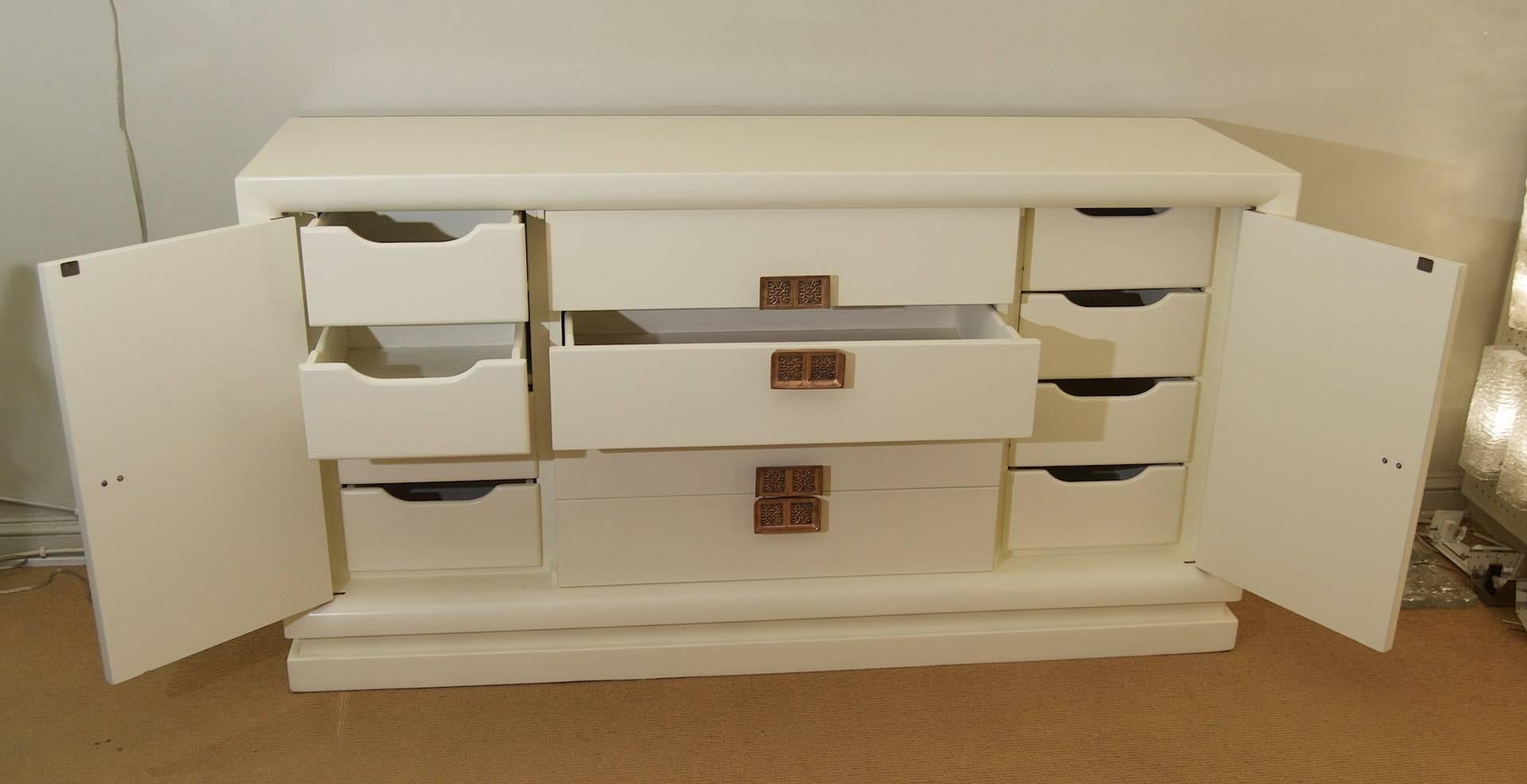 Mid-Century Modern White Lacquer Dresser by Selig with Asian Inspired Pulls