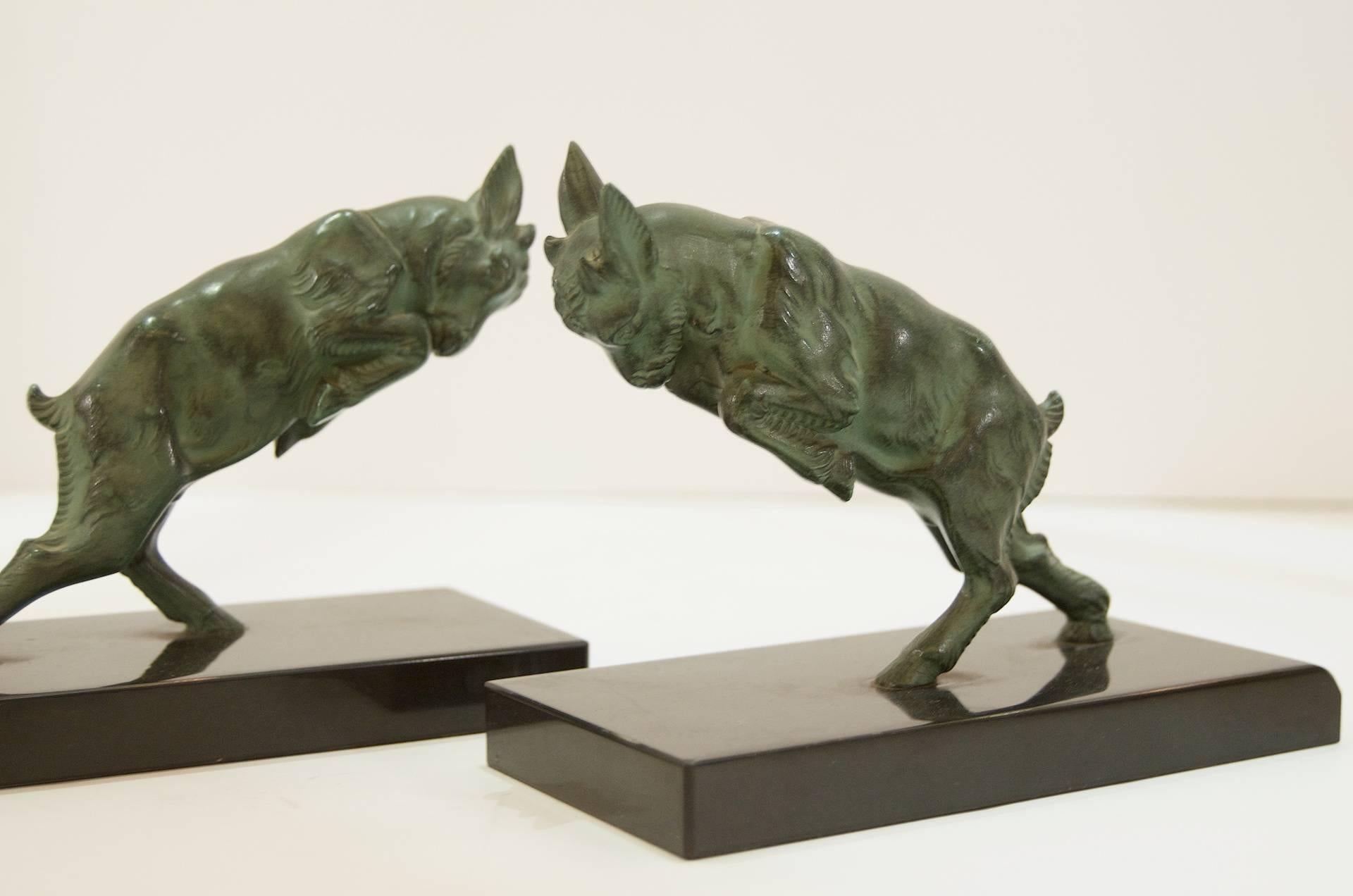 Art Deco Pair of Leaping Ibex Bookends in Verdigrised Bronze