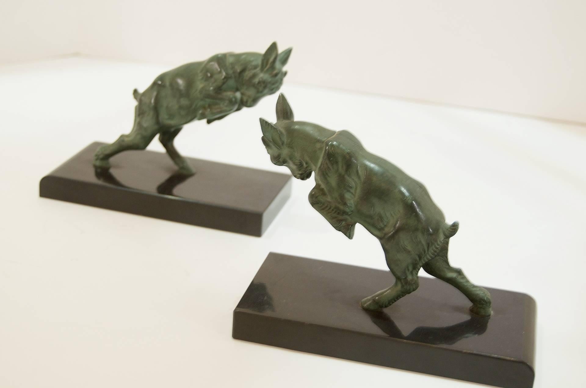 German Pair of Leaping Ibex Bookends in Verdigrised Bronze