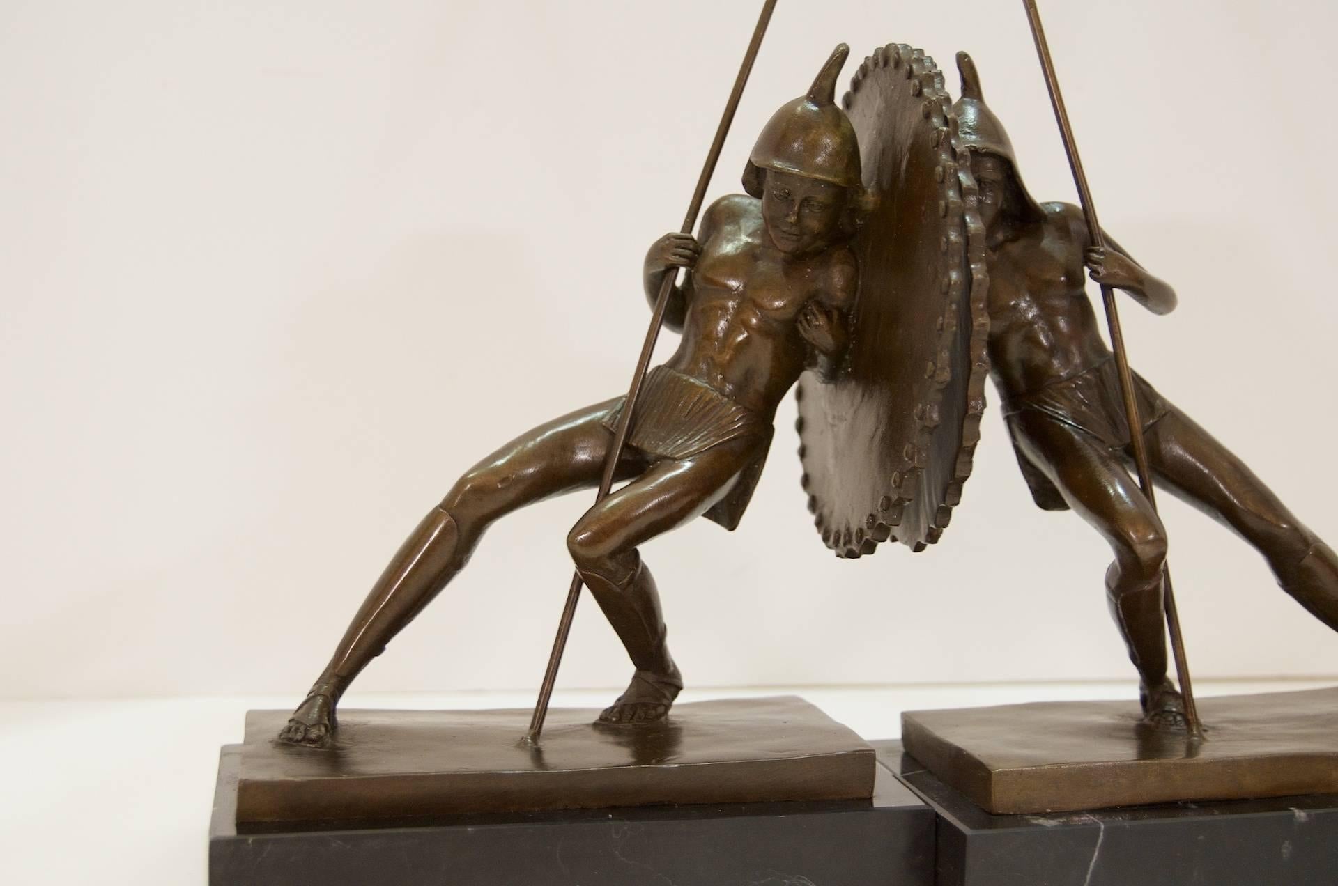 Art Deco Pair of Gladiator or Hoplite Bookends in Bronze on Marble