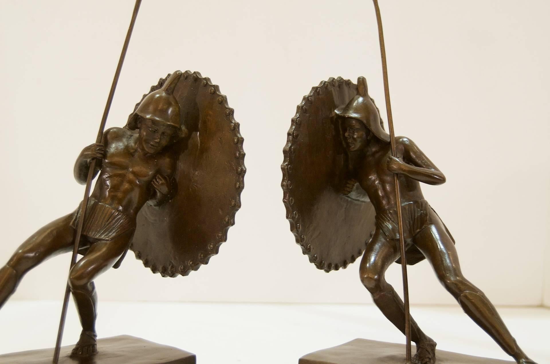 Pair of Gladiator or Hoplite Bookends in Bronze on Marble In Excellent Condition In Stamford, CT