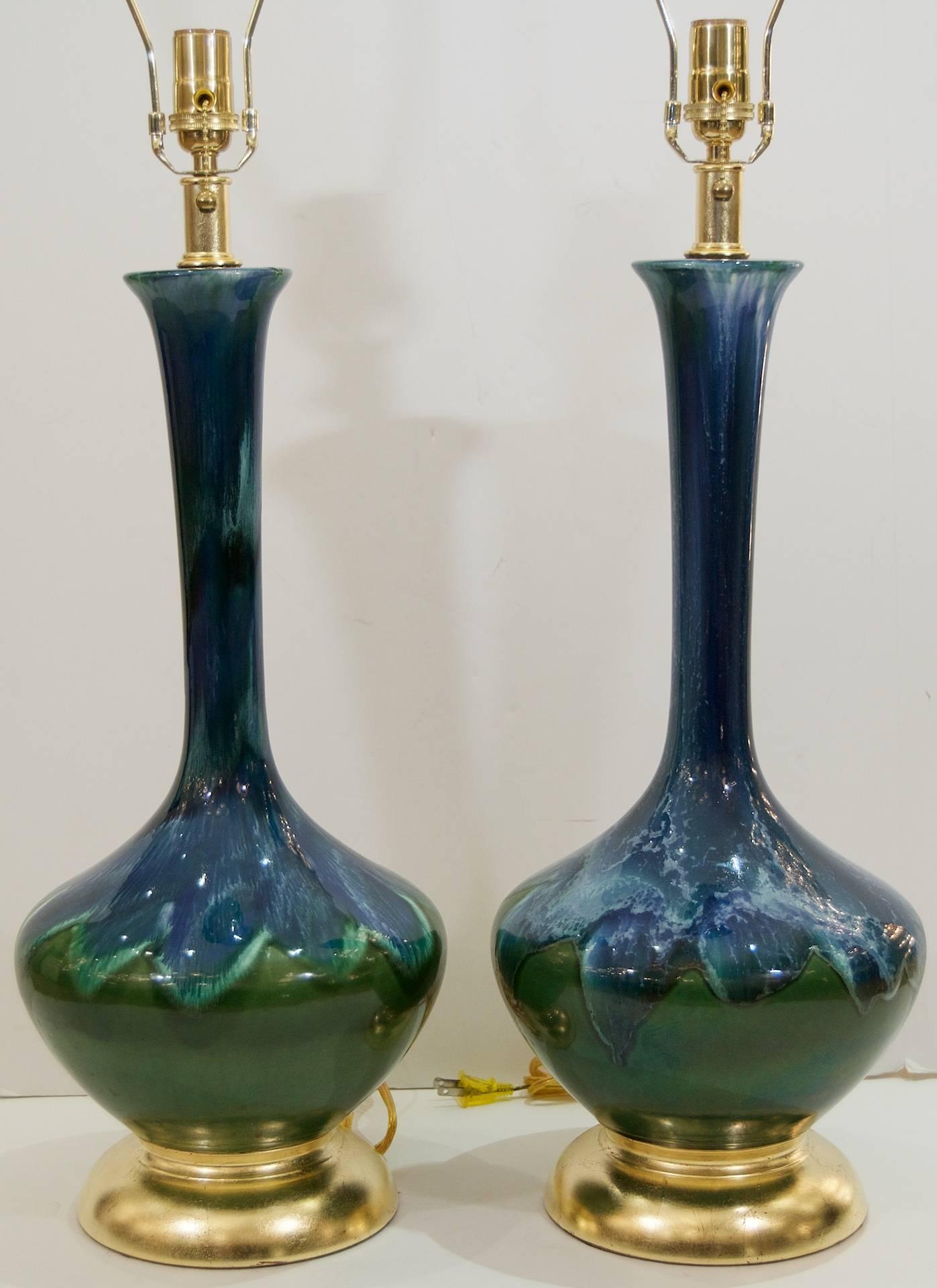 Mid-Century Modern Blue and Green Glazed Table Lamps with Gilt Base