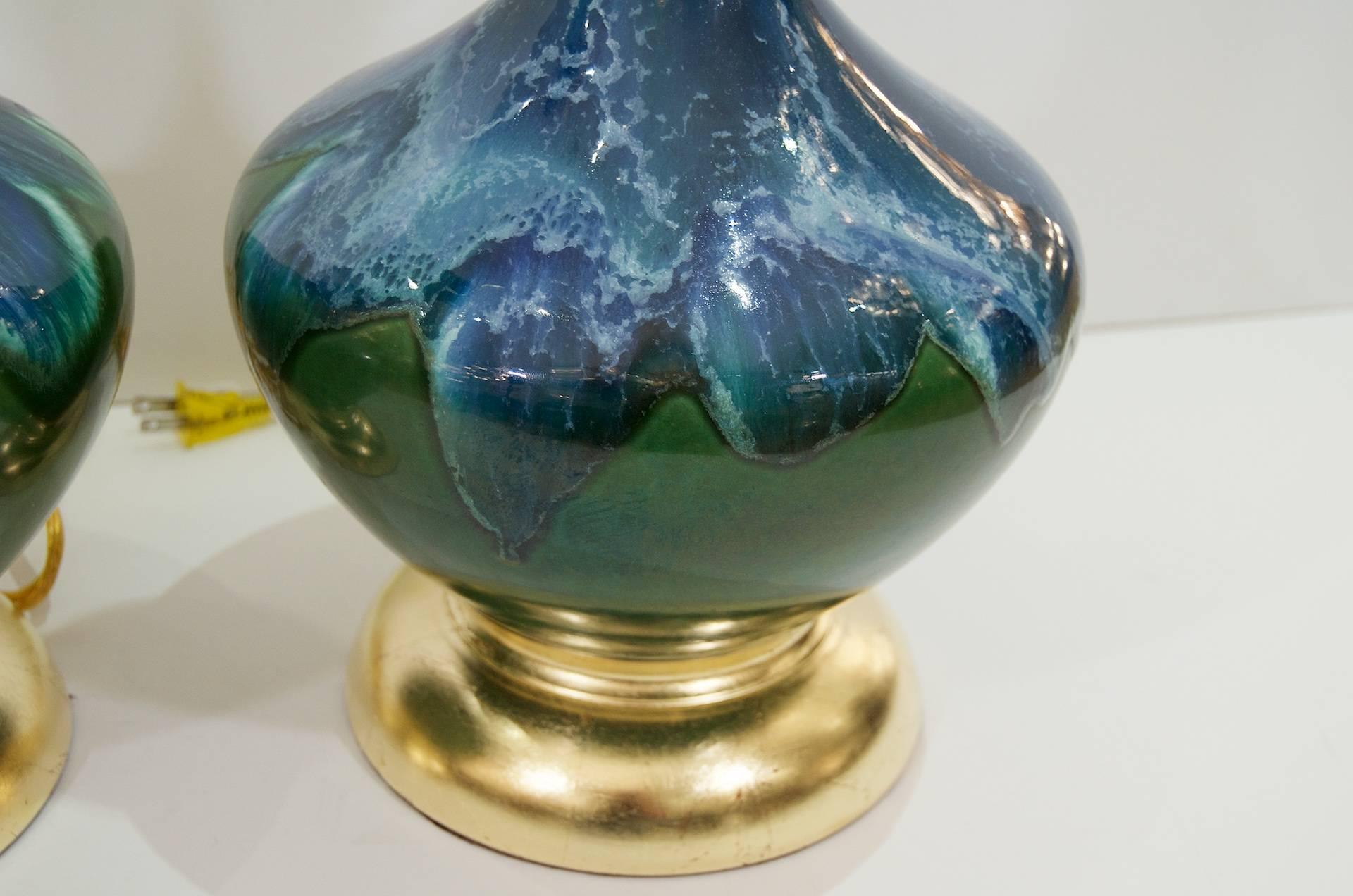 American Blue and Green Glazed Table Lamps with Gilt Base