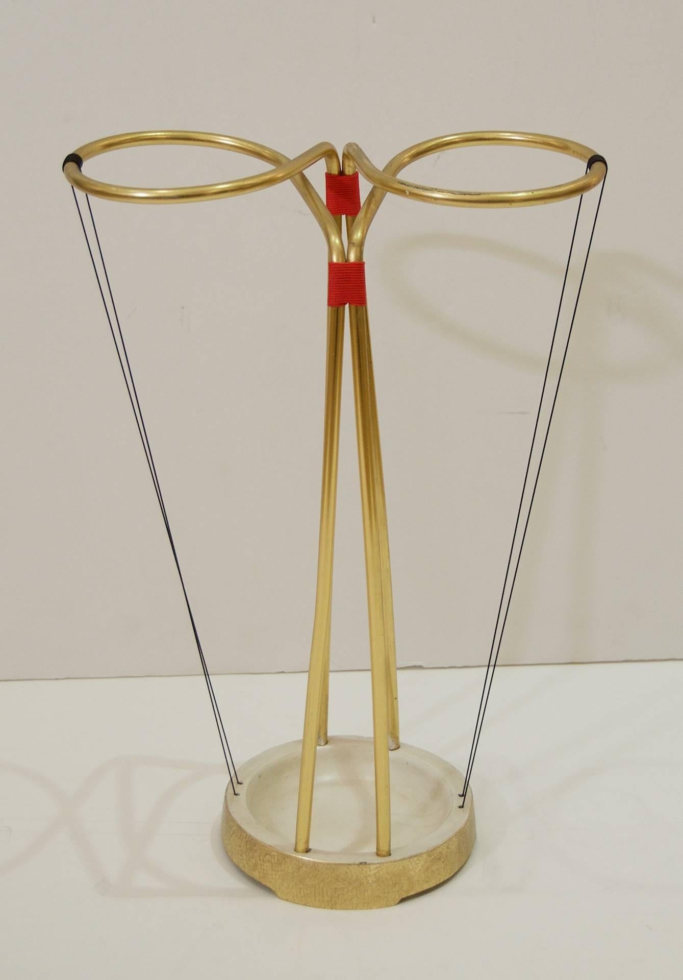 Mid-Century Modern Gilt and Enameled Brass Cord-Wrapped Umbrella Stand