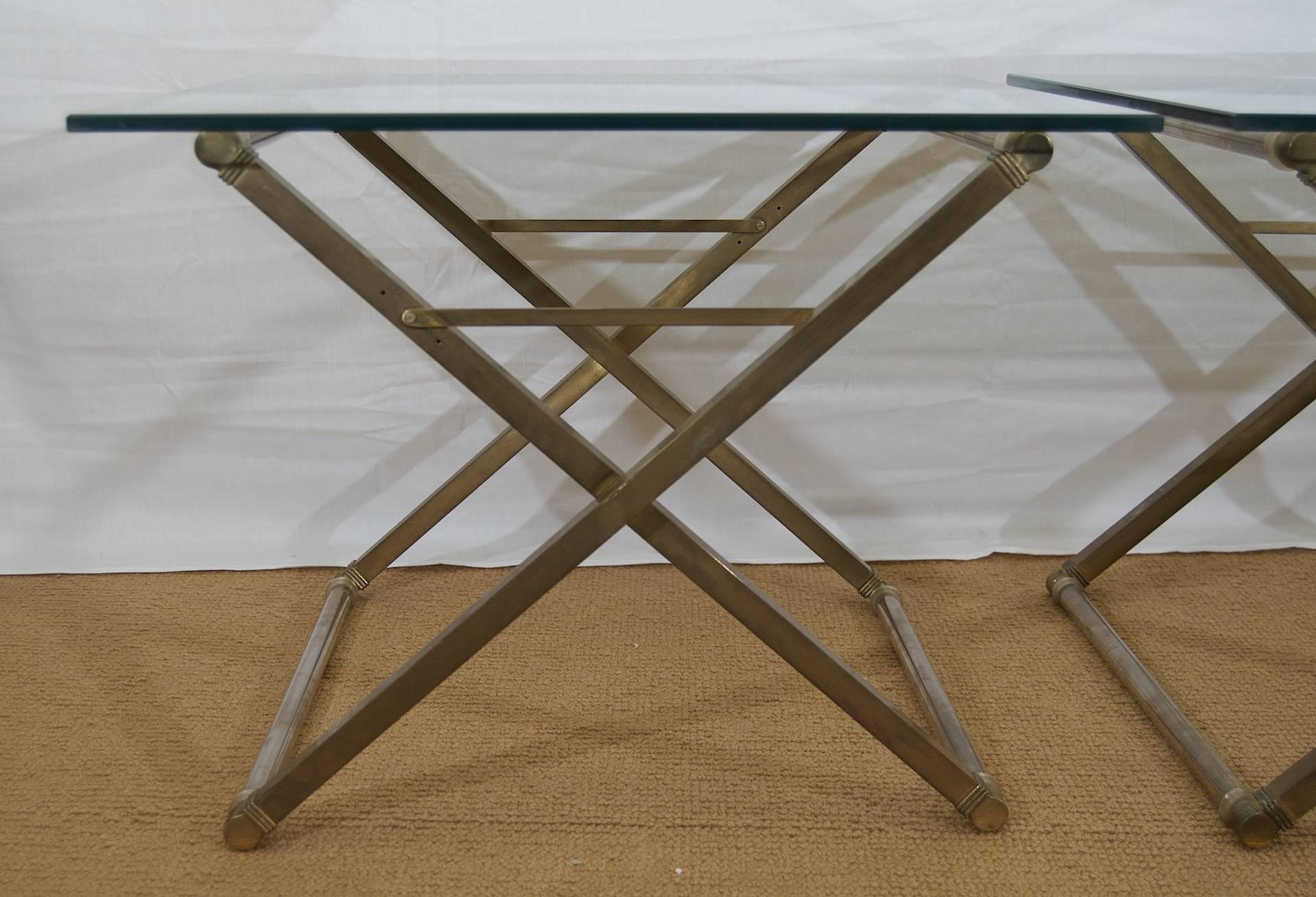 Mid-Century Modern Pair of Bronze and Steel X-Form Coffee Tables with Glass Top