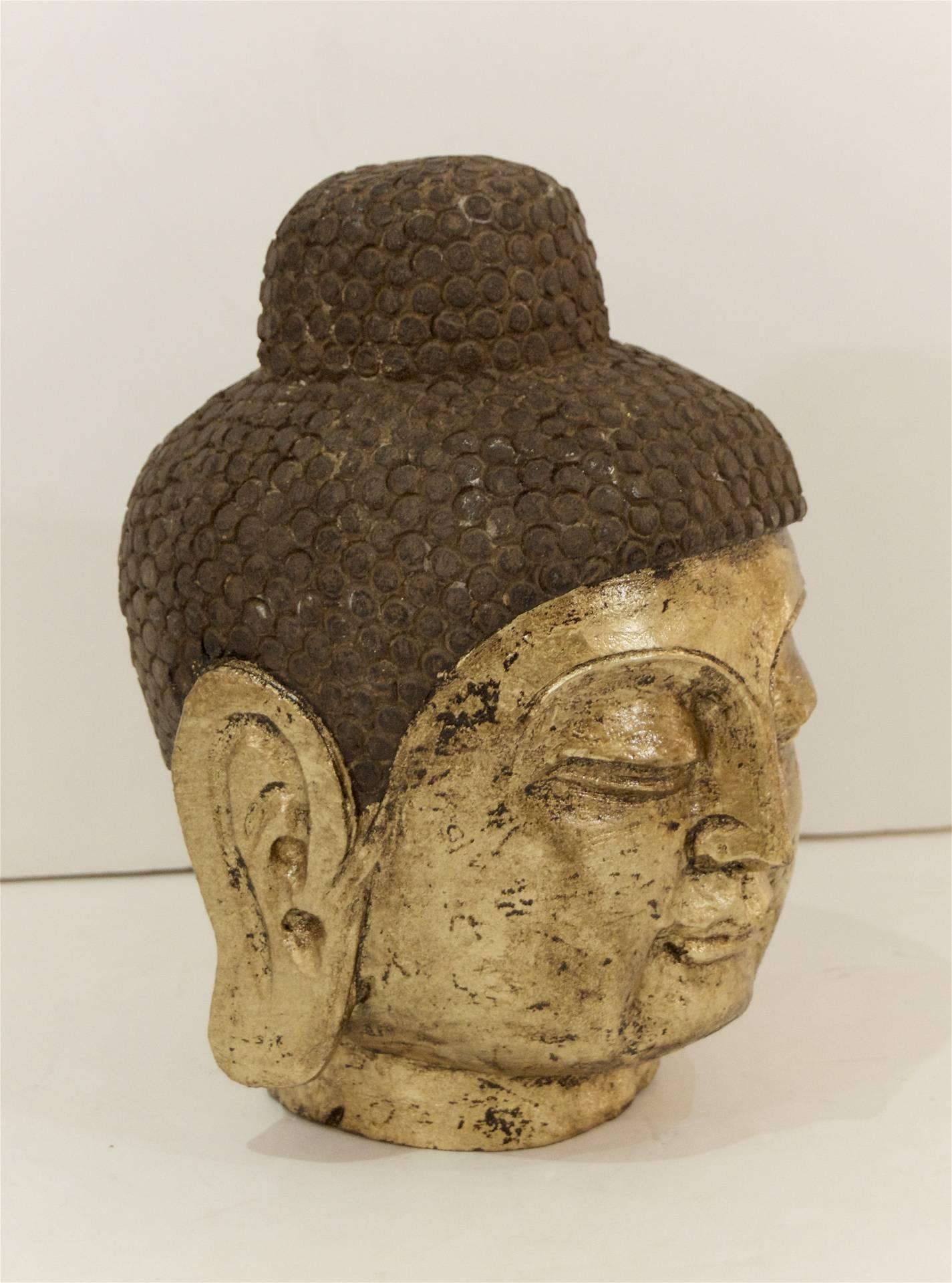 Stone Carved Gilt Buddha Head In Excellent Condition In Stamford, CT
