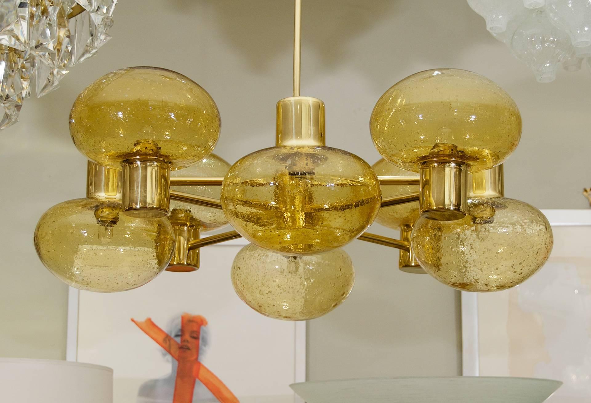 Eight-Arm Doria Brass Chandelier with Amber Glass Globes 2