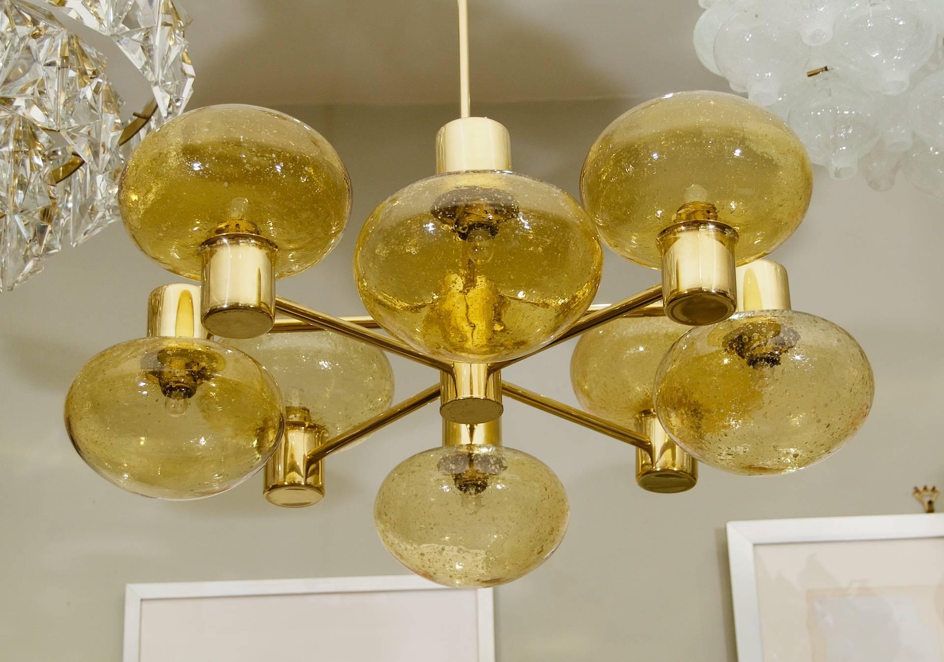 Eight-Arm Doria Brass Chandelier with Amber Glass Globes 1