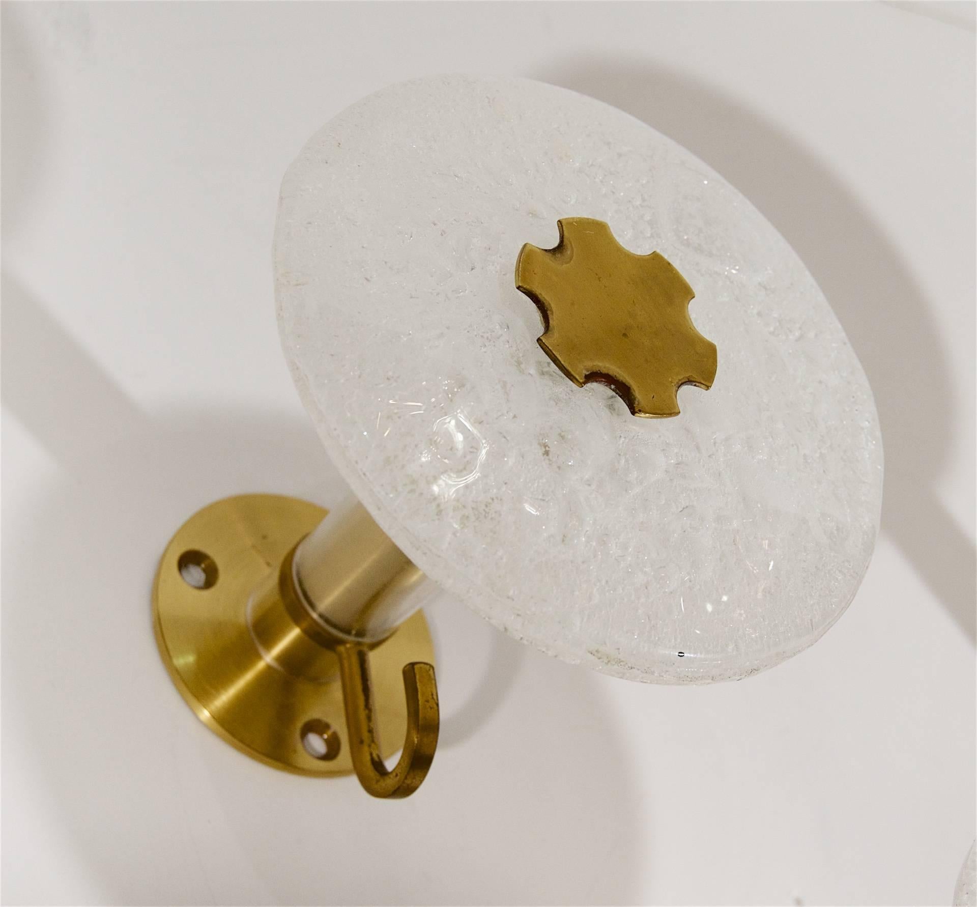Austrian Set of Three Brass and Ice Glass Coat Hooks