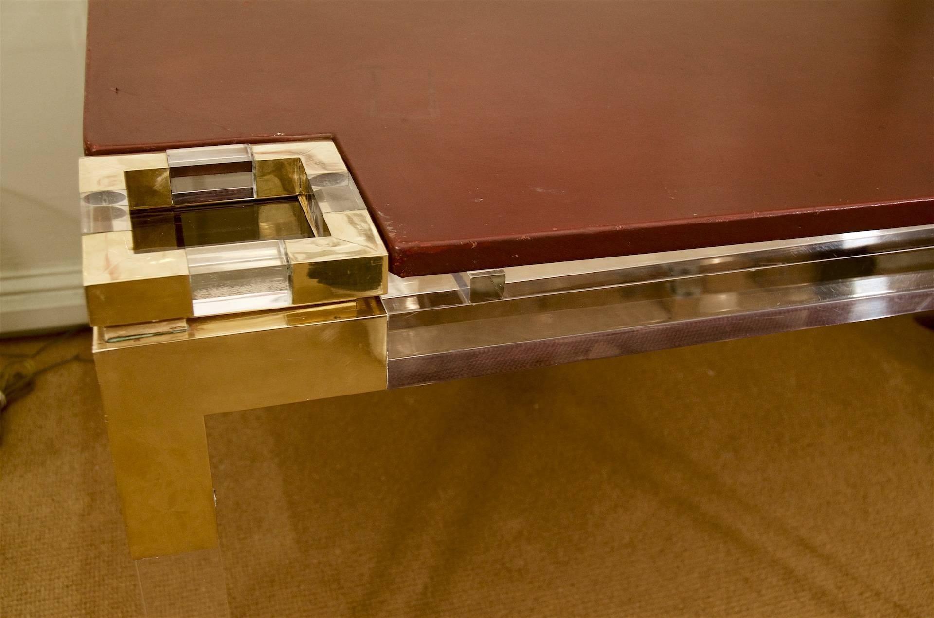 Mid-20th Century Lucite and Brass Leather Topped Game Table
