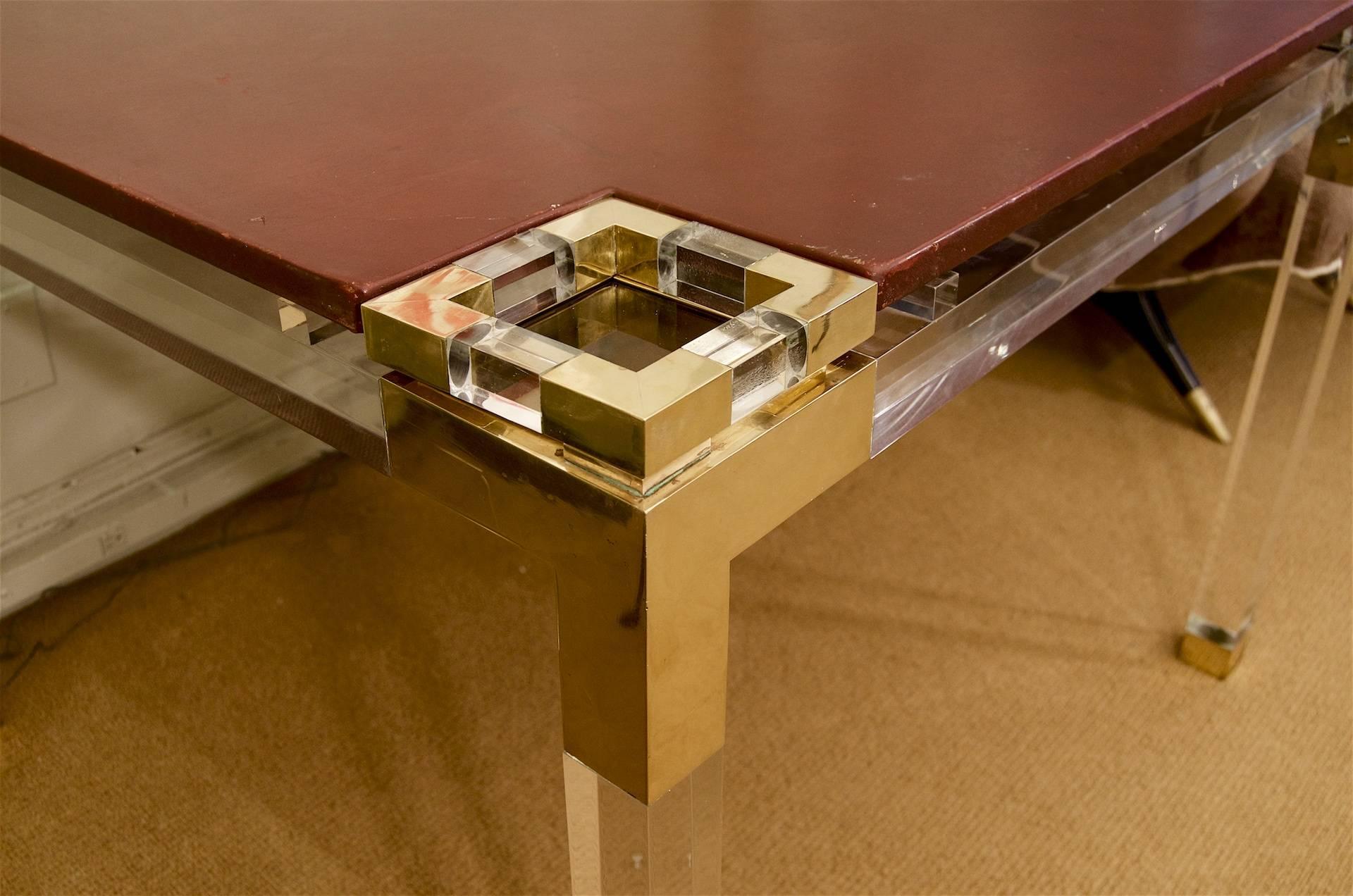 Lucite and Brass Leather Topped Game Table In Excellent Condition In Stamford, CT