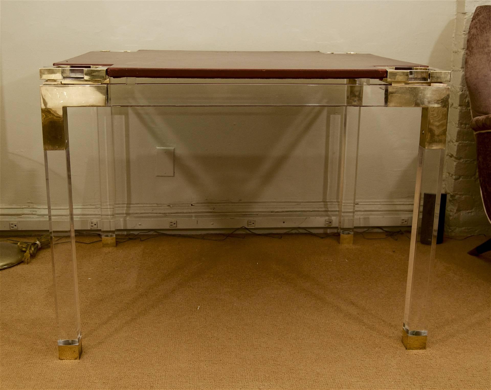Italian Lucite and Brass Leather Topped Game Table