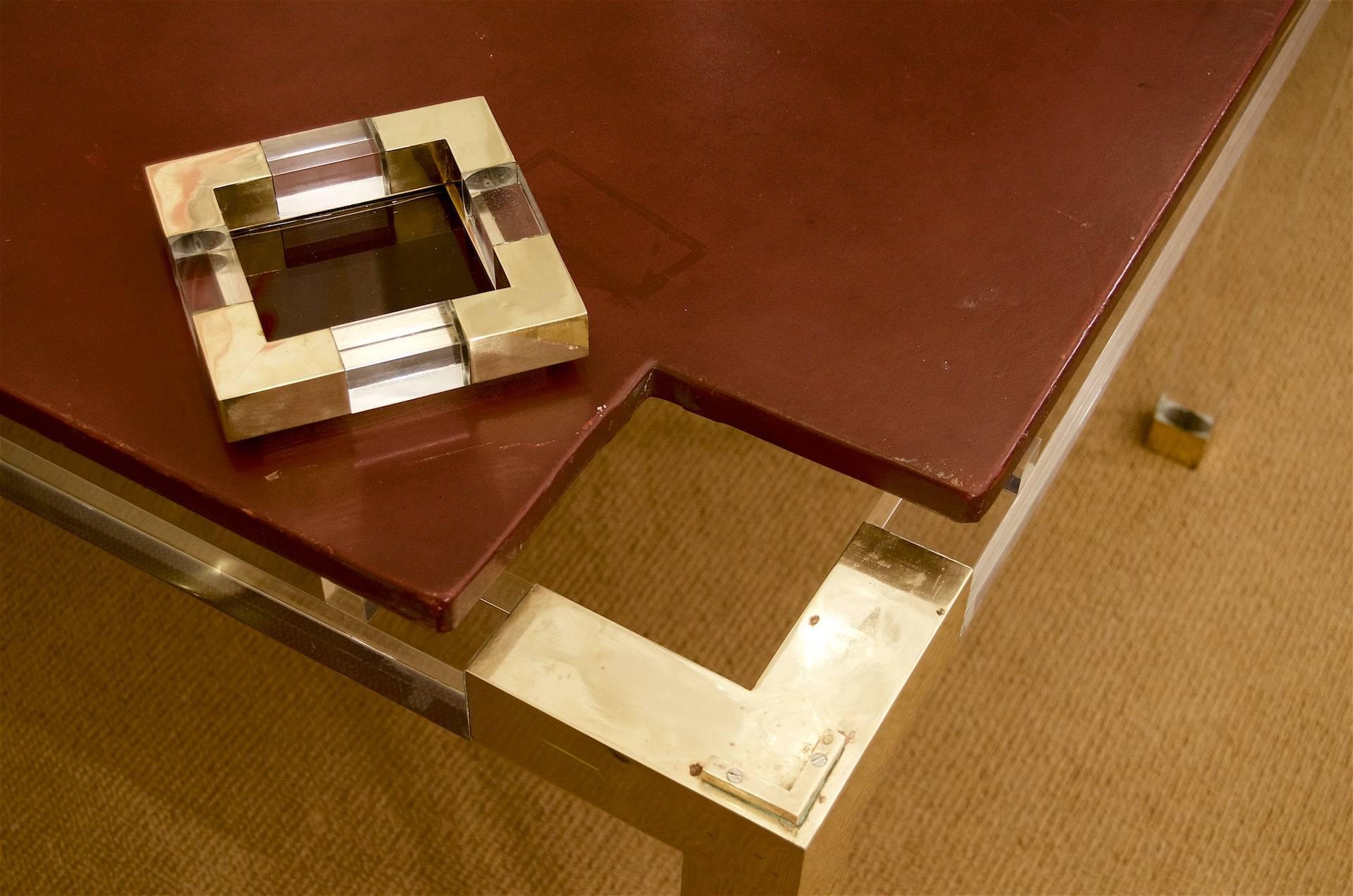 Lucite and Brass Leather Topped Game Table 1