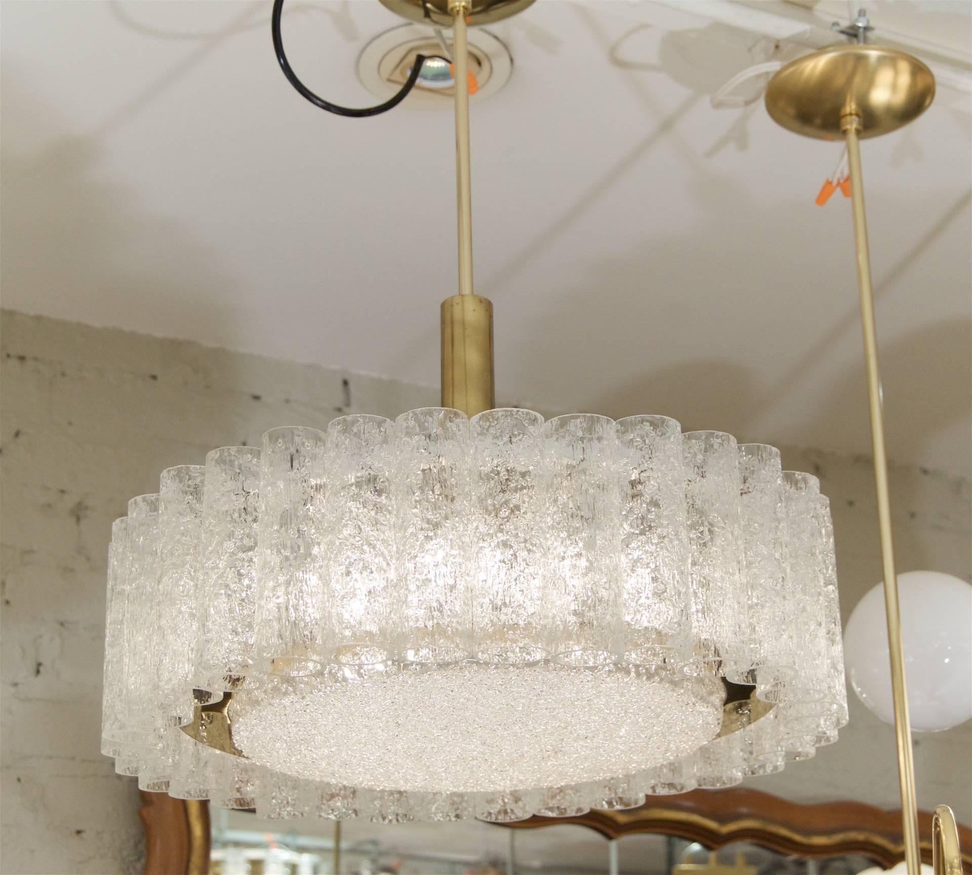 Doria Glass Tube Chandelier with Brass Surround In Excellent Condition In Stamford, CT