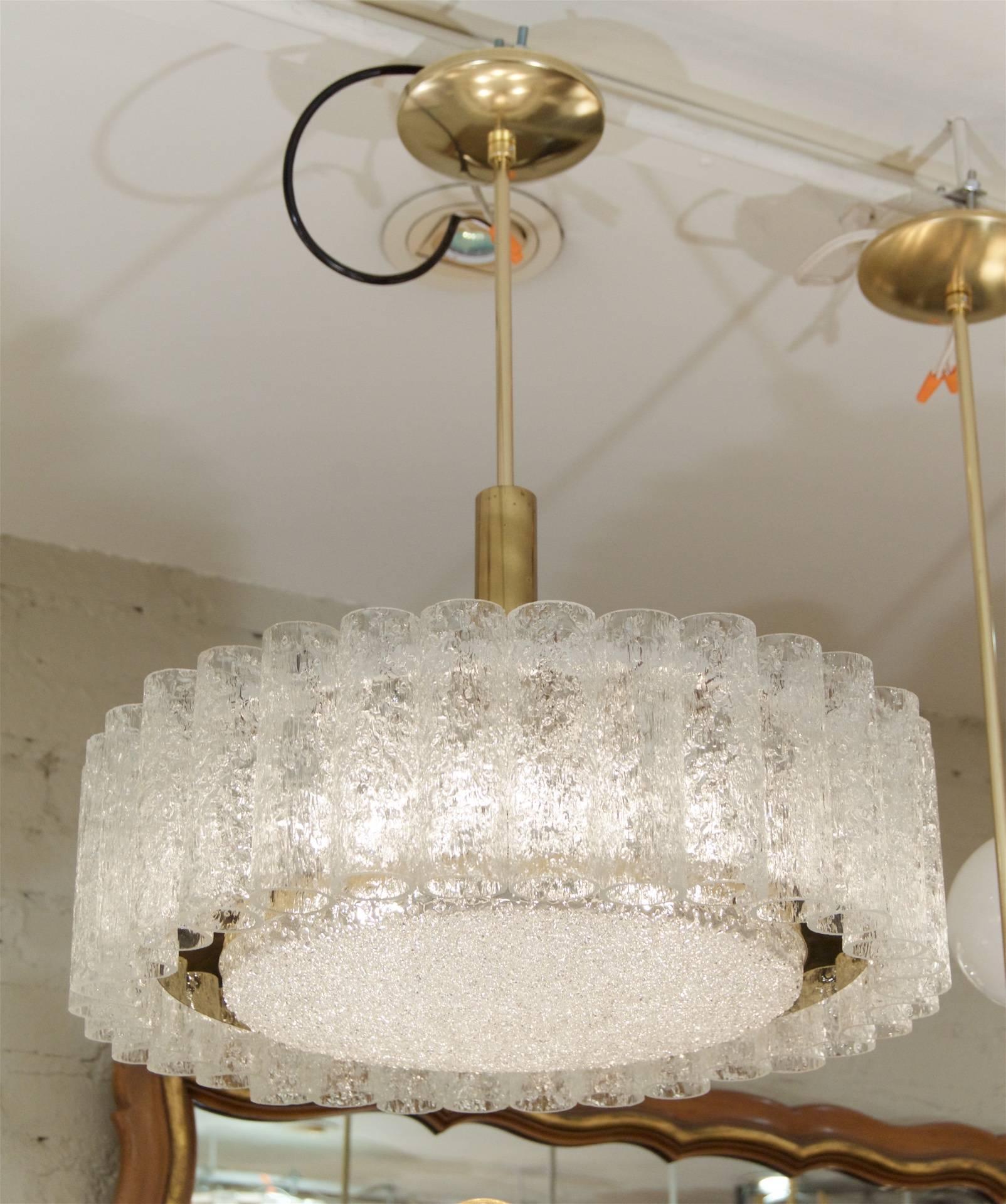 German Doria Glass Tube Chandelier with Brass Surround