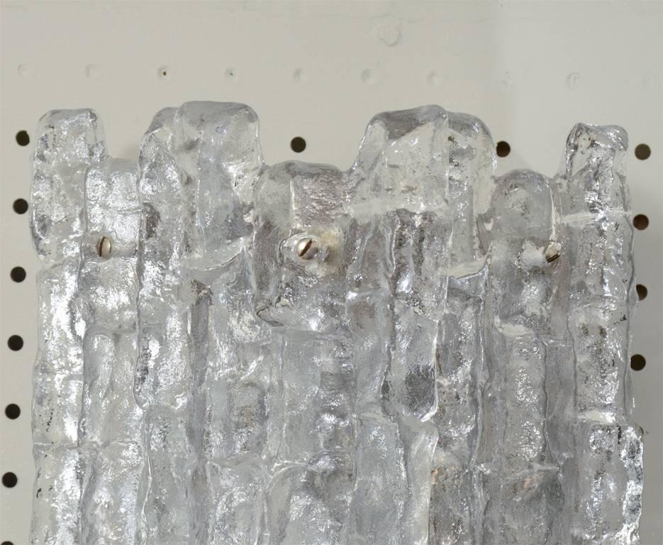 Mid-Century Modern Grand Kalmar Ice Glass Sconces on Nickel Tone Backplates For Sale