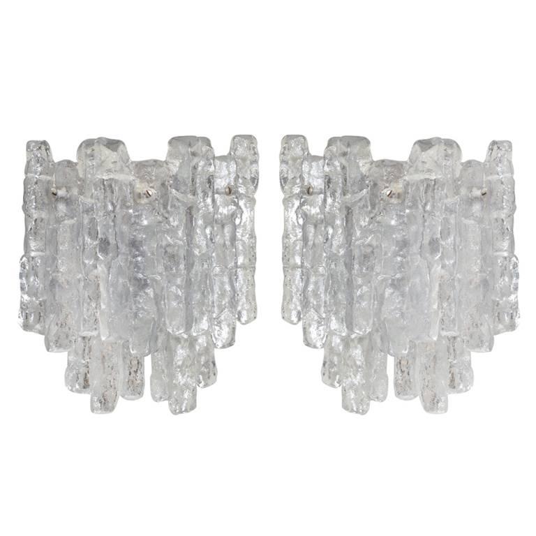 Grand Kalmar Ice Glass Sconces on Nickel Tone Backplates For Sale