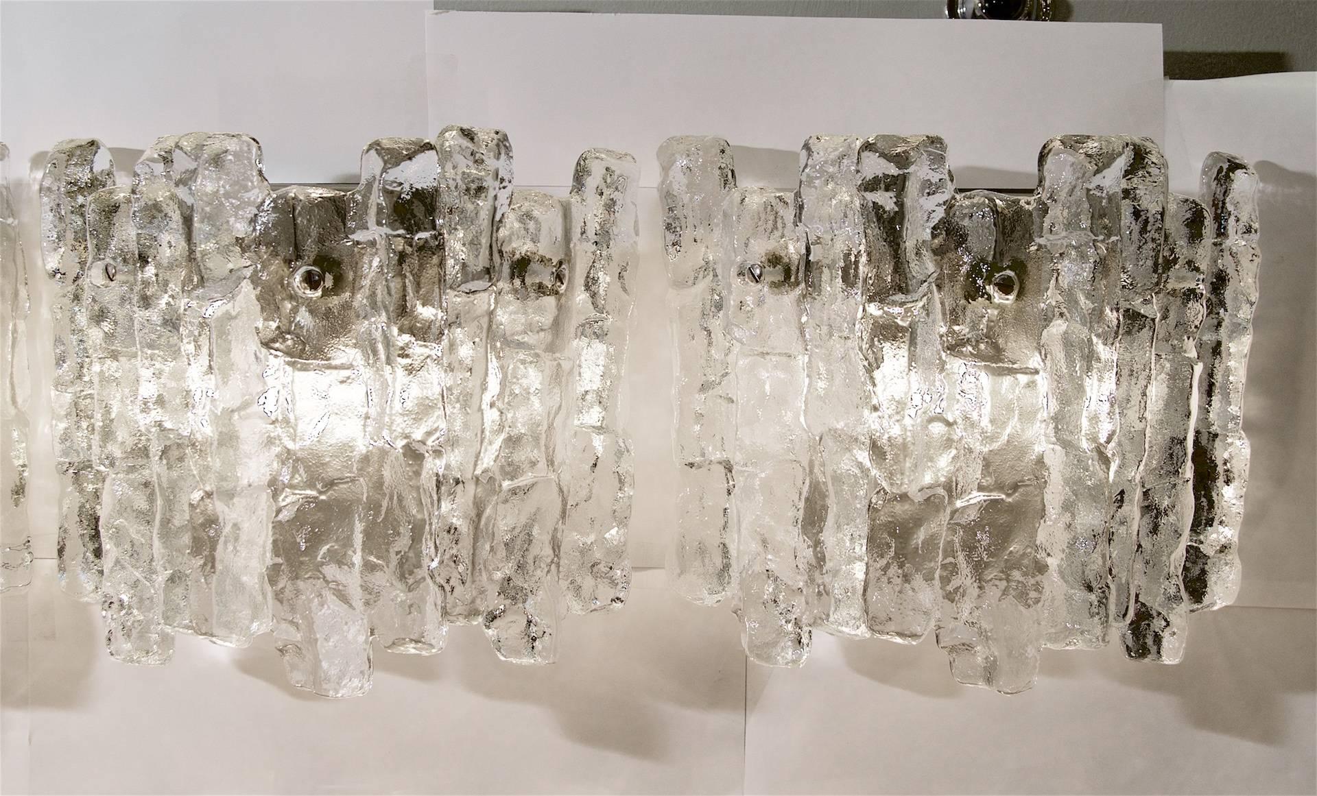 Mid-Century Modern Pair of Kalmar Ice Glass Wall Sconces (3 Pairs Available) For Sale