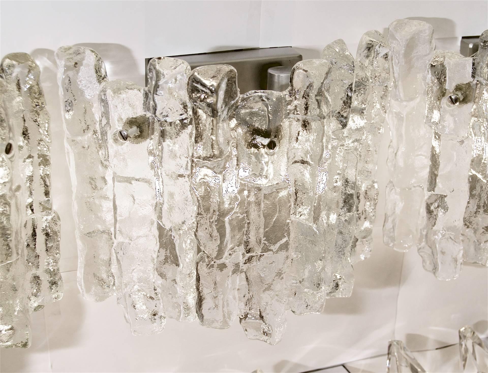 Mid-20th Century Pair of Kalmar Ice Glass Wall Sconces (3 Pairs Available) For Sale