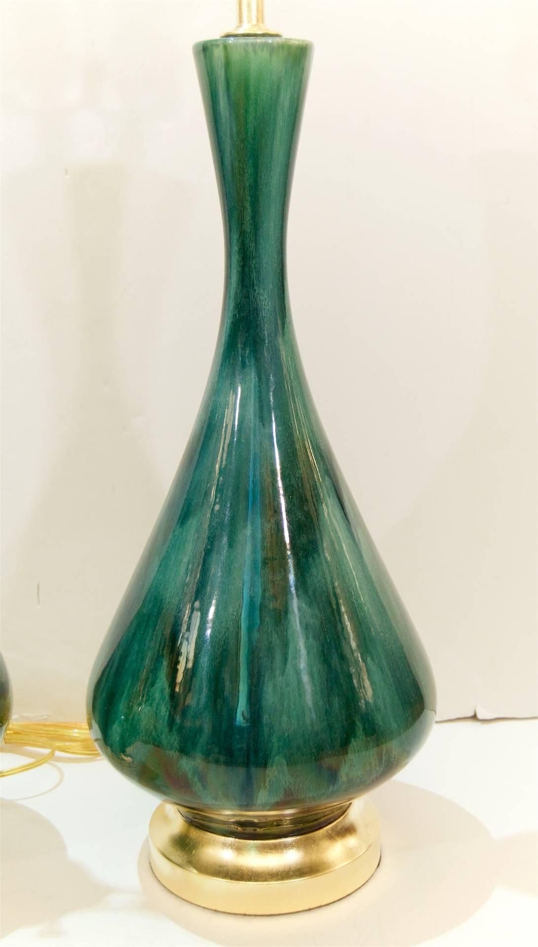 American Pair of Blue and Green Drip Glaze Lamps