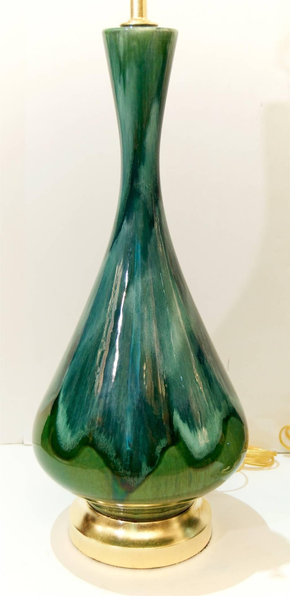 Glazed Pair of Blue and Green Drip Glaze Lamps