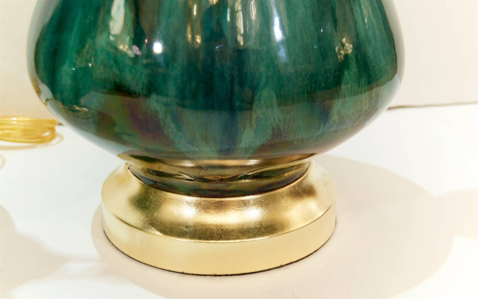 Mid-20th Century Pair of Blue and Green Drip Glaze Lamps