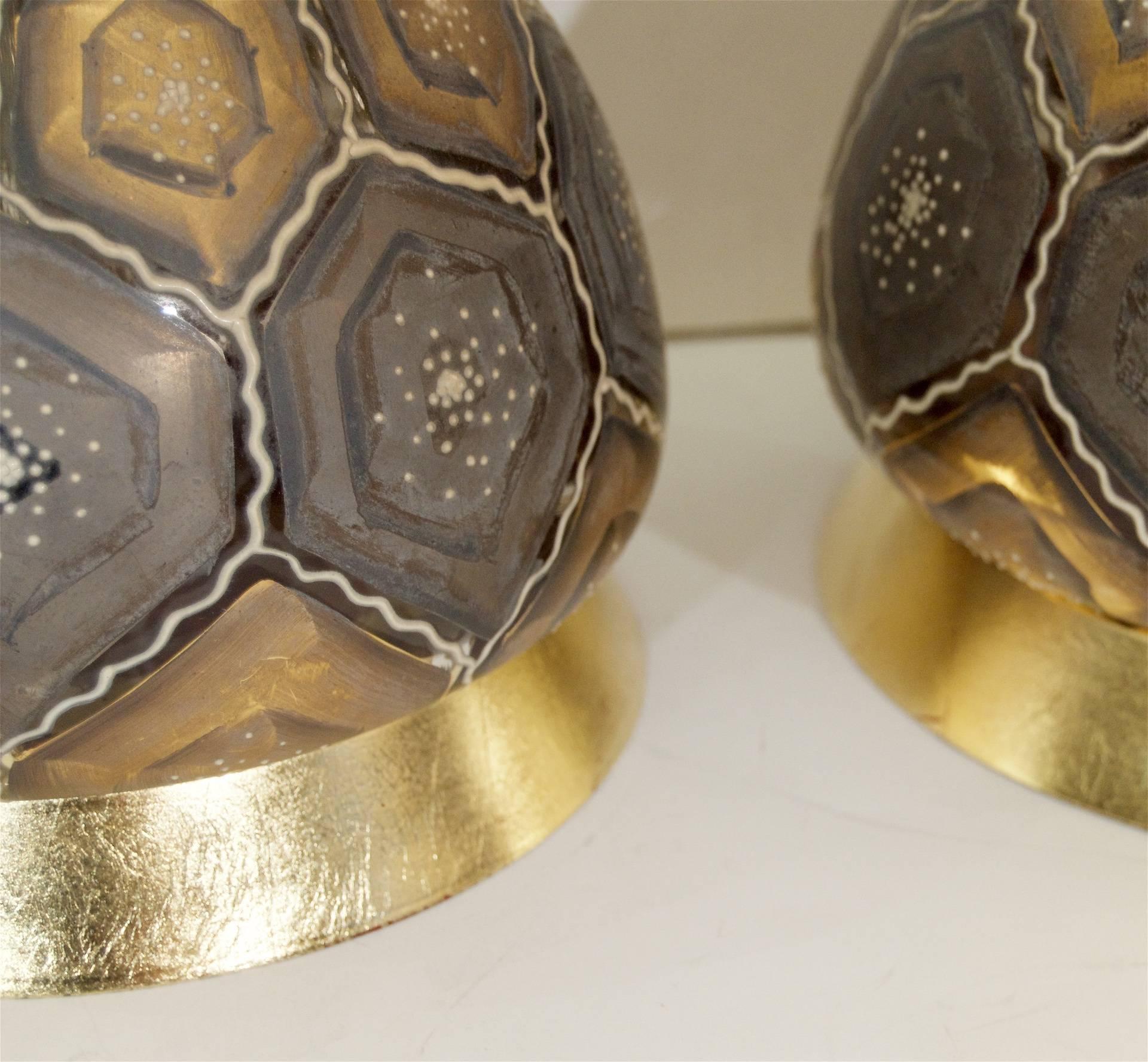 Mid-20th Century Pair of Moroccan Style Painted Glass Table Lamps with Gold Leaf Accents