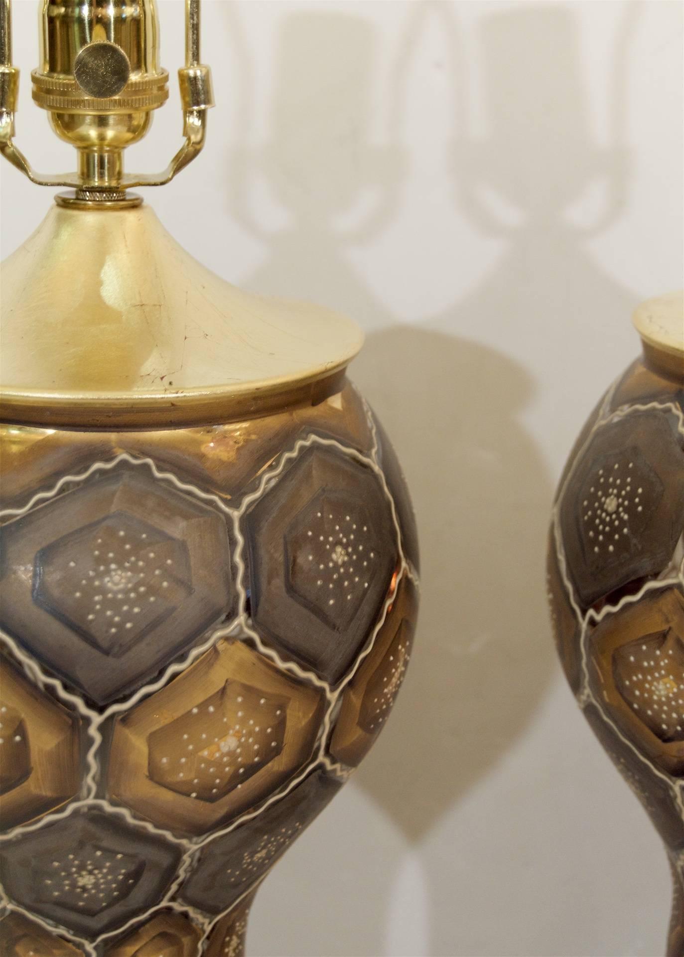 Pair of Moroccan Style Painted Glass Table Lamps with Gold Leaf Accents In Excellent Condition In Stamford, CT