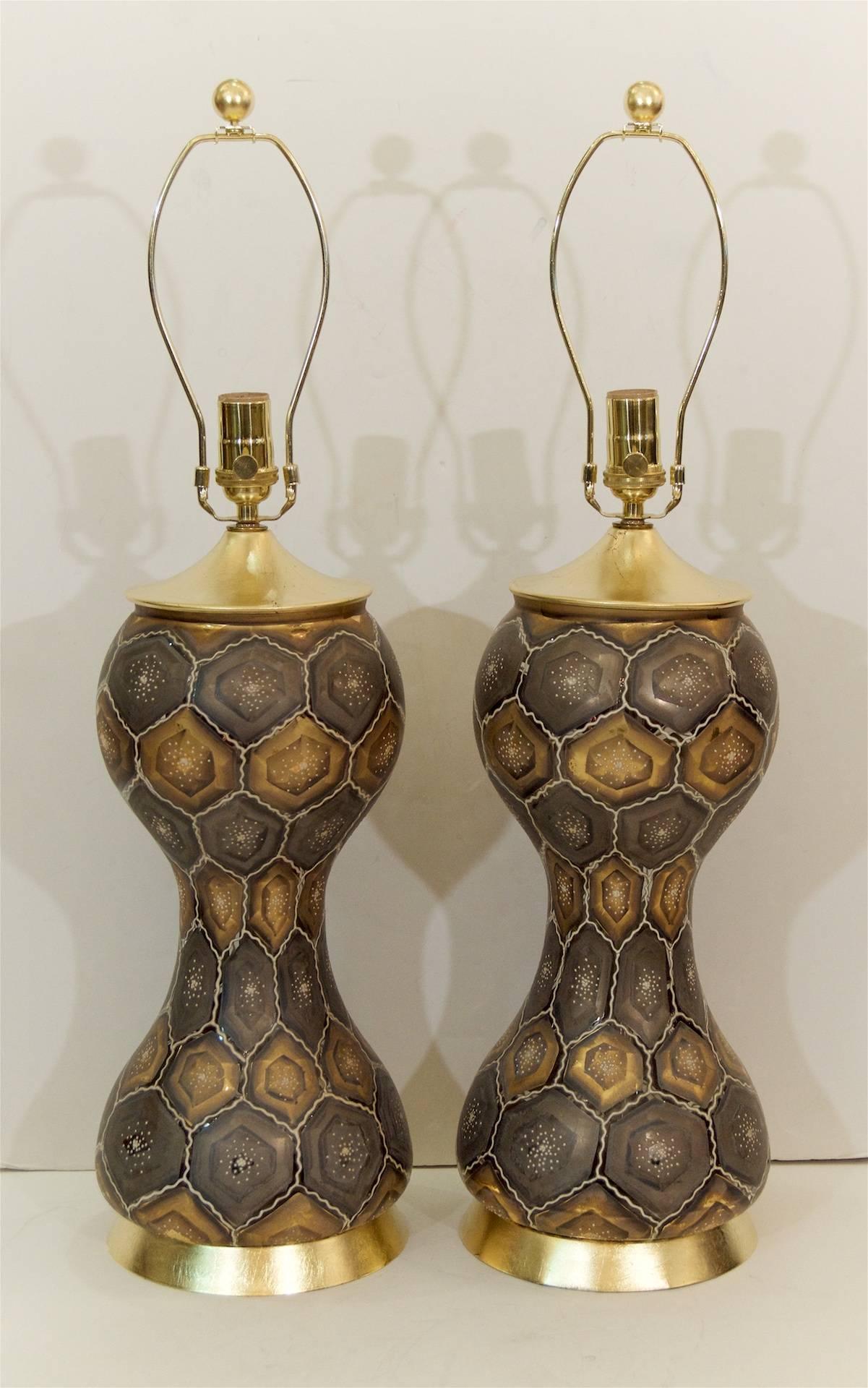 Mid-Century Modern Pair of Moroccan Style Painted Glass Table Lamps with Gold Leaf Accents