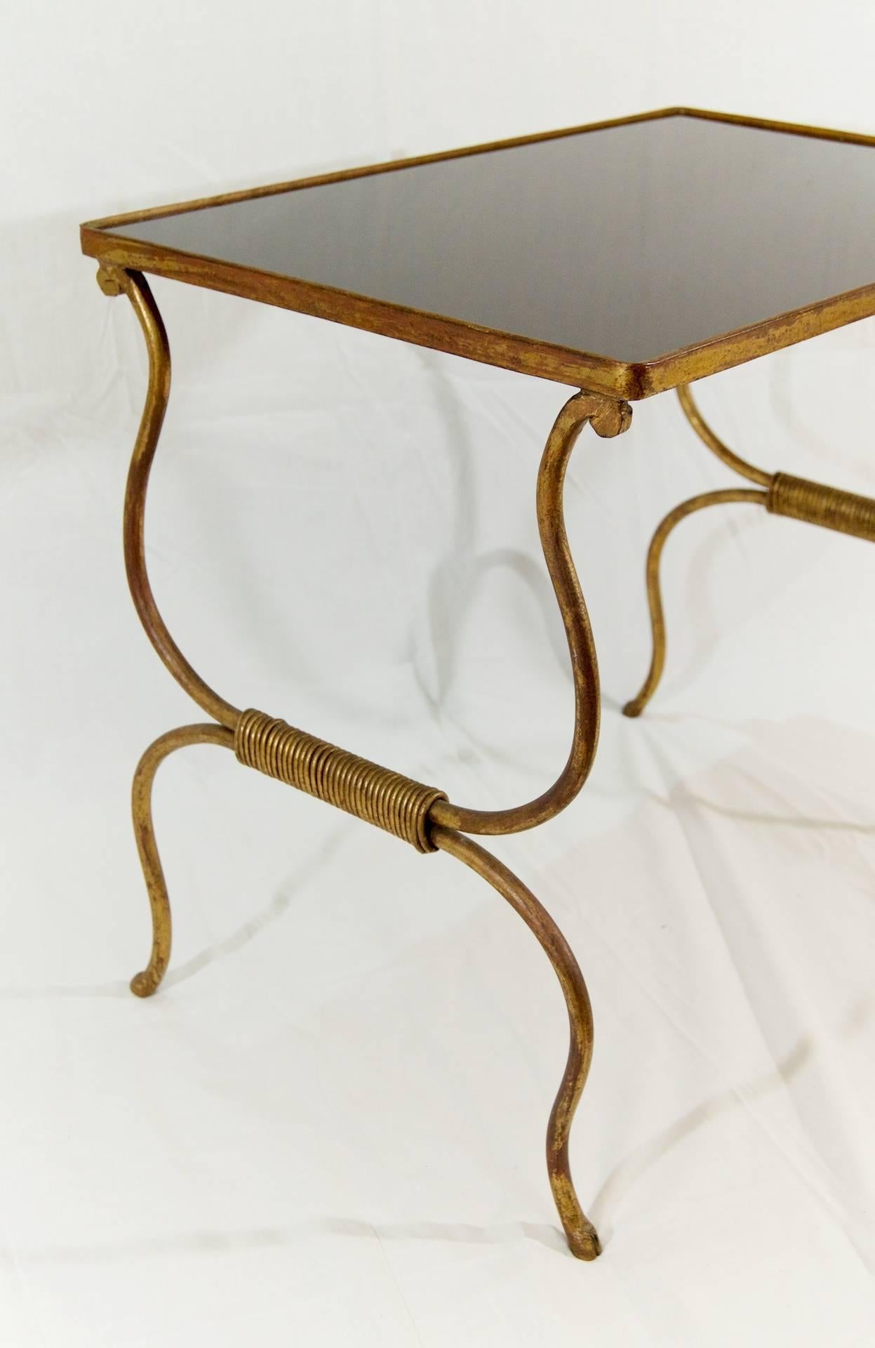 Mid-20th Century Gilt Painted Wrought Iron Occasional Table with Black Glass Top