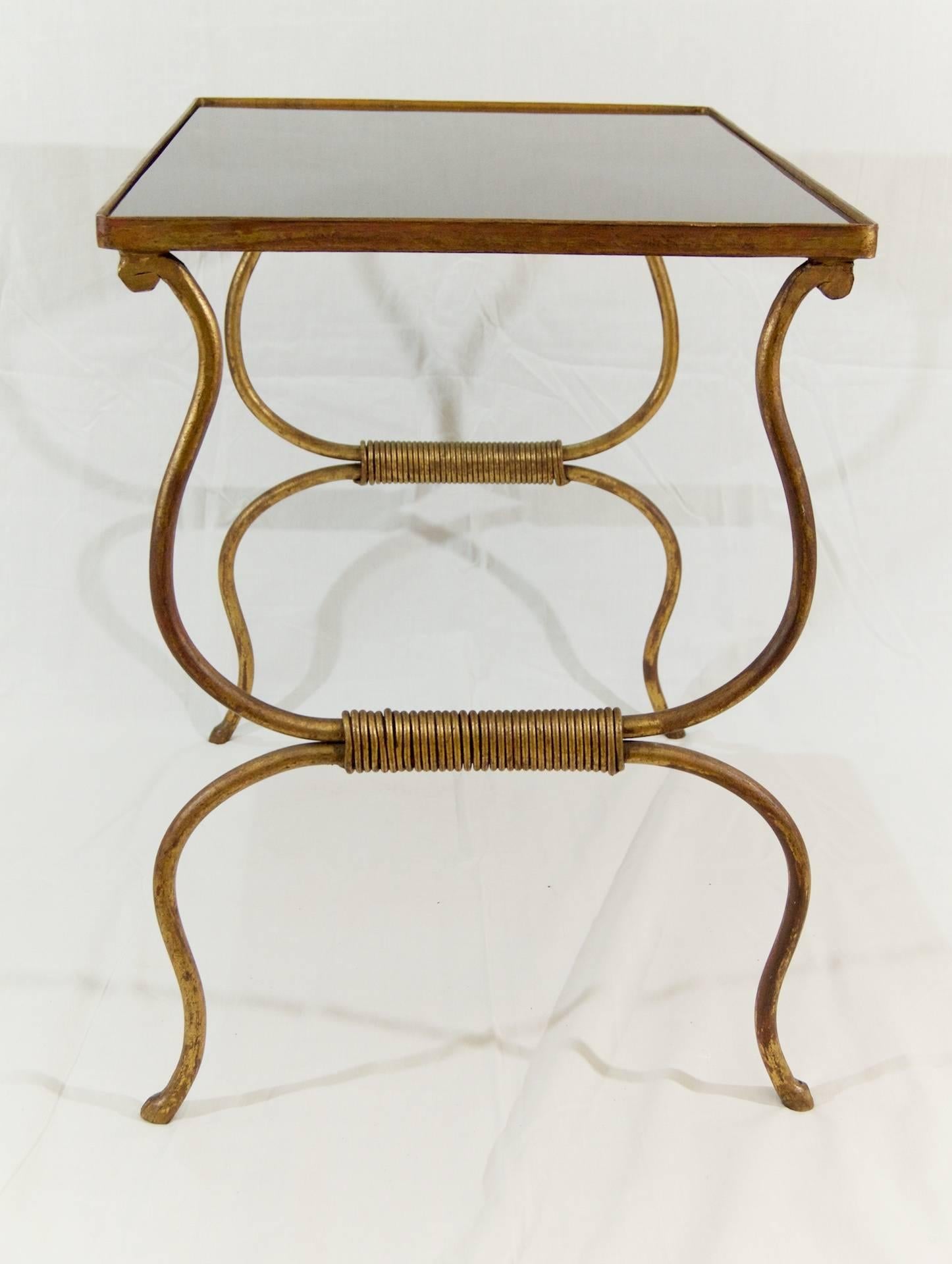 Brass Gilt Painted Wrought Iron Occasional Table with Black Glass Top