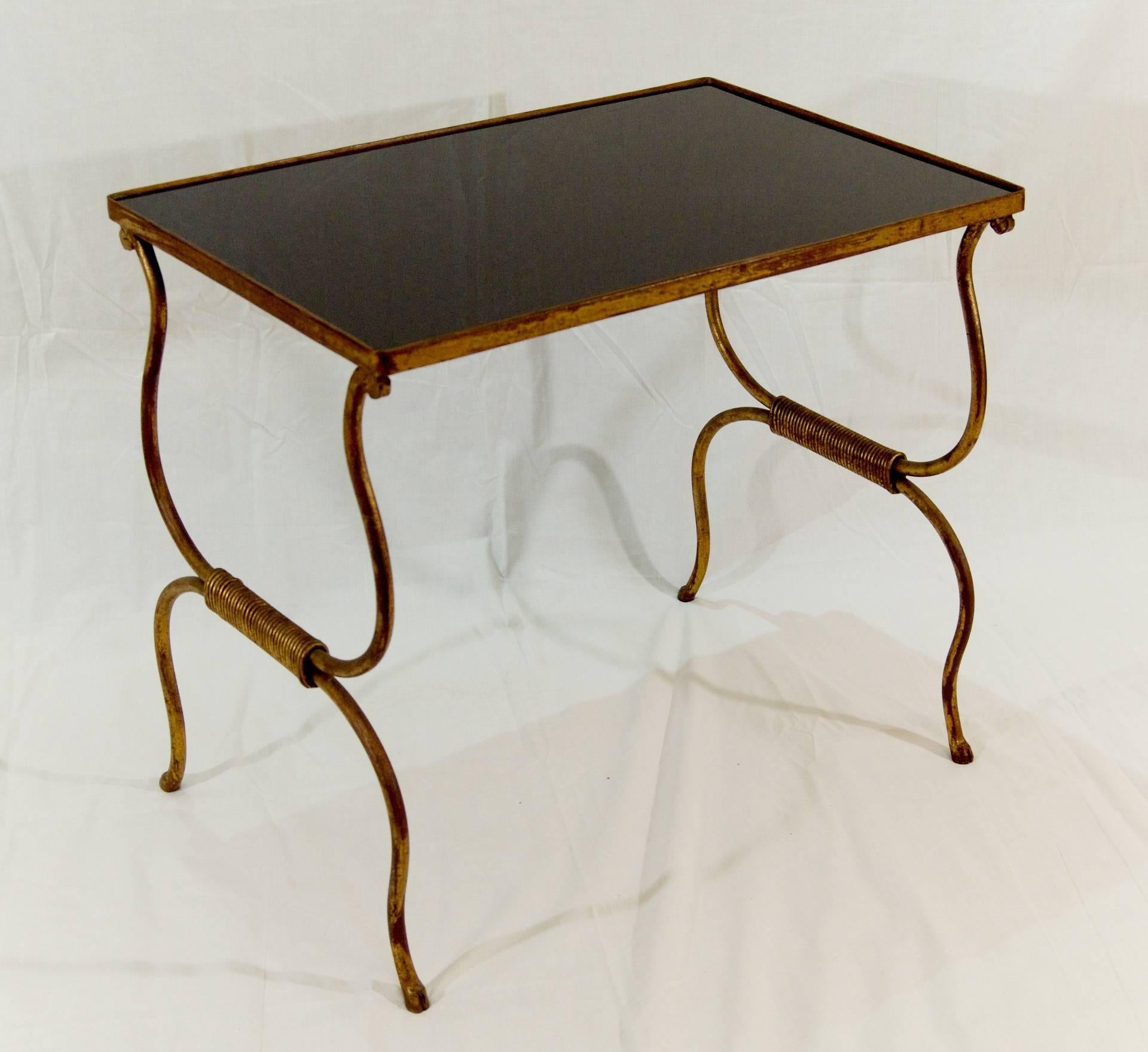 Mid-Century Modern Gilt Painted Wrought Iron Occasional Table with Black Glass Top