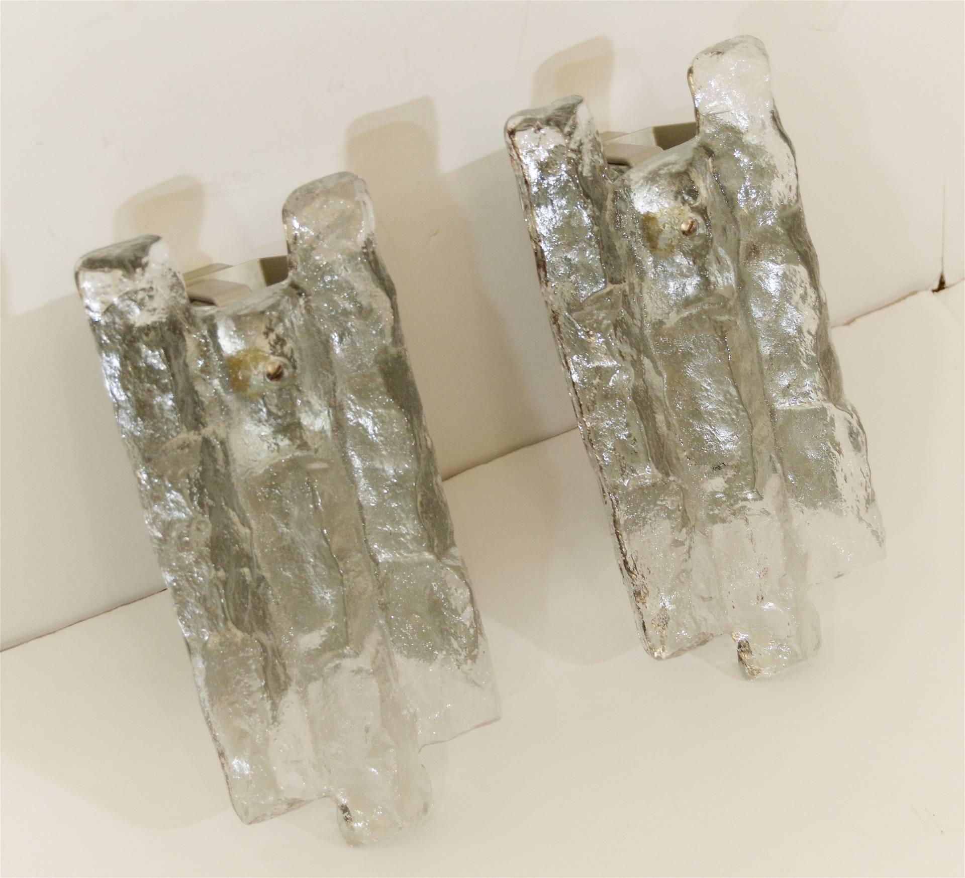 Mid-Century Modern Pair of Large Ice Glass Kalmar Sconces
